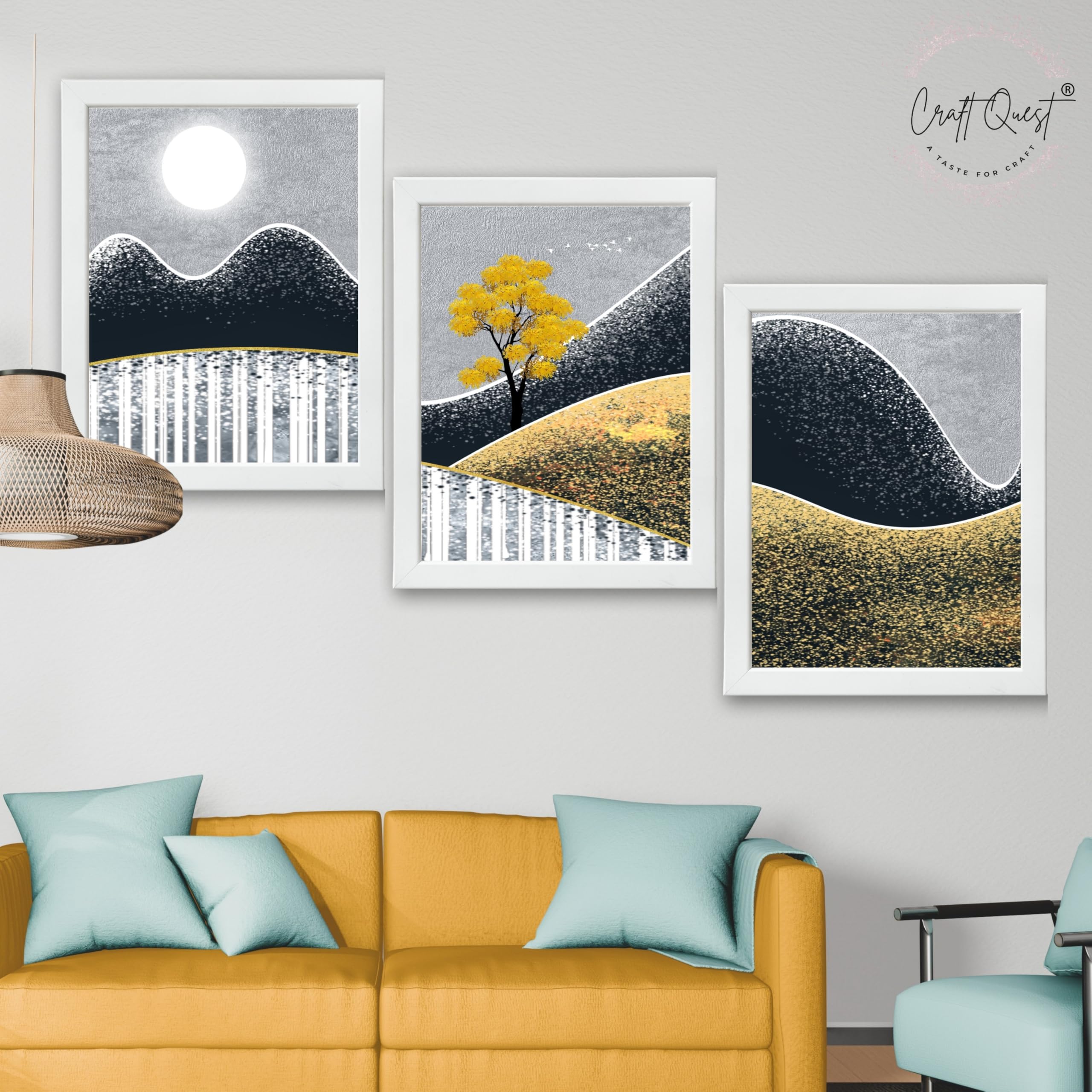 CRAFT QUEST Modern Abstract Landscape Art | Set of 3 Frames for Home Decoration | Ideal for Living Room, Bedroom & Offices
