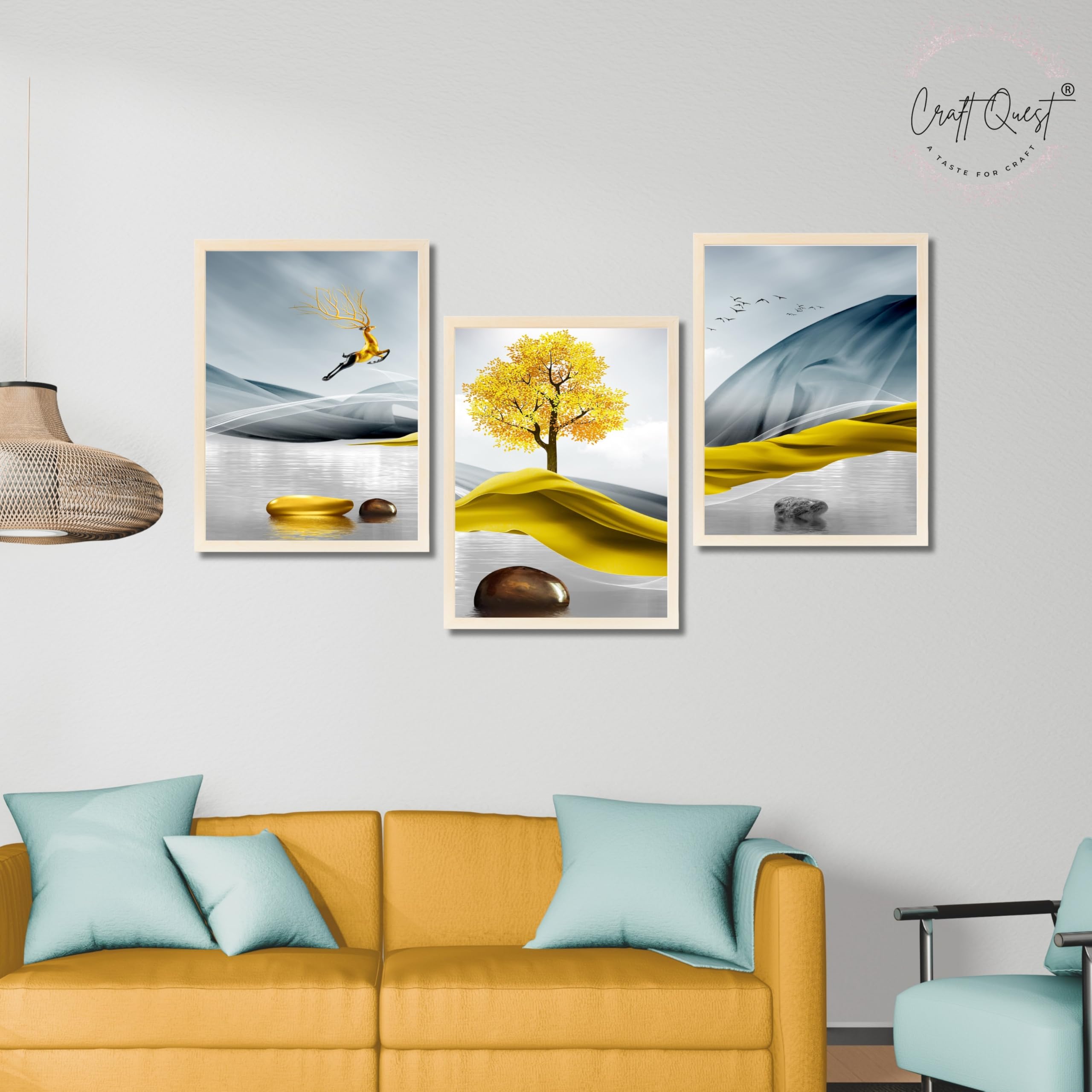 CRAFT QUEST Sanlian Adornment Abstract Modern Art | Set of 3 Frames for Home Decoration | Ideal for Living Room, Bedroom & Offices