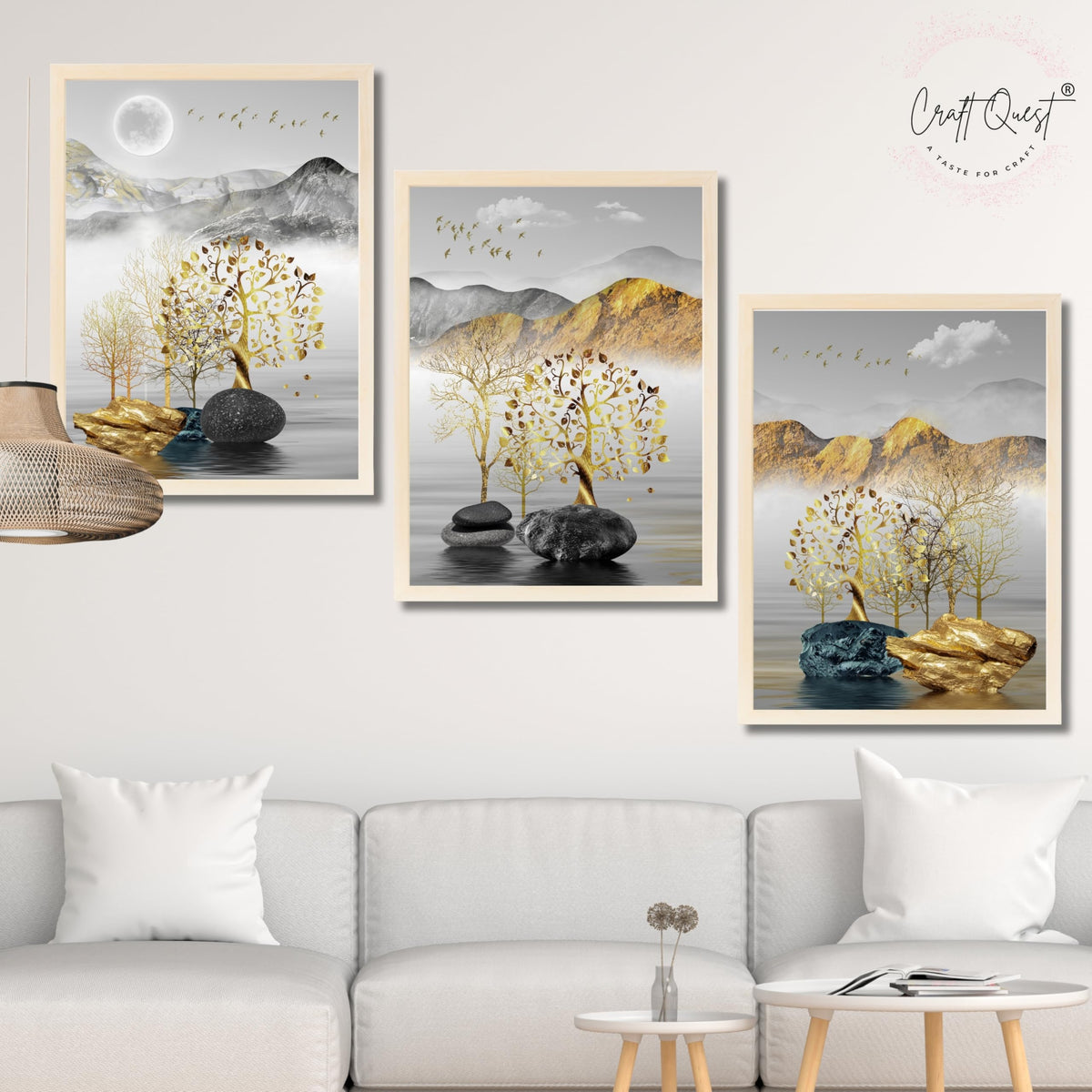 CRAFT QUEST Modern Art Landscape Golden Tree,Birds & Mountains Wall Art | Set of 3 Frames for Home Decoration | Ideal for Living Room, Bedroom & Offices