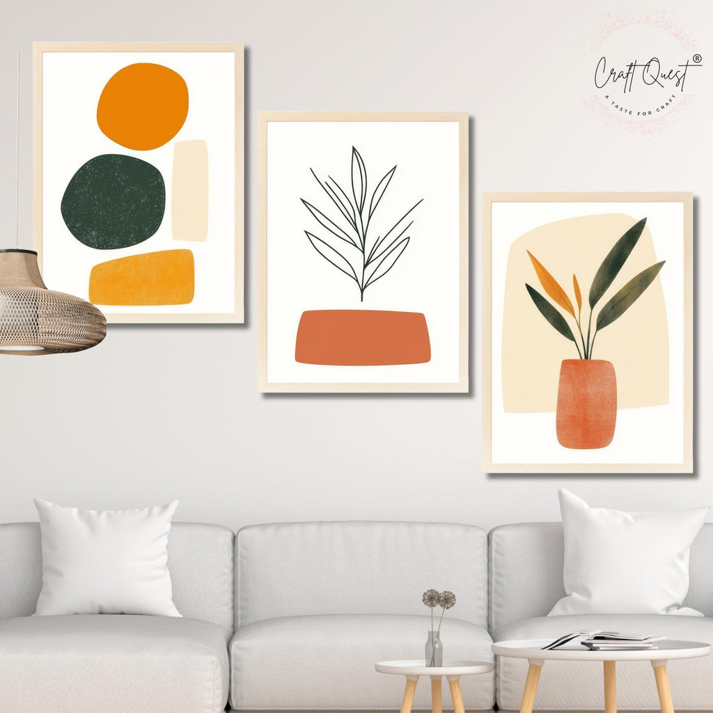 CRAFT QUEST SET OF 3 Organic Abstract Wall Art | Set of 3 Frames for Home Decoration | Ideal for Living Room, Bedroom & Offices
