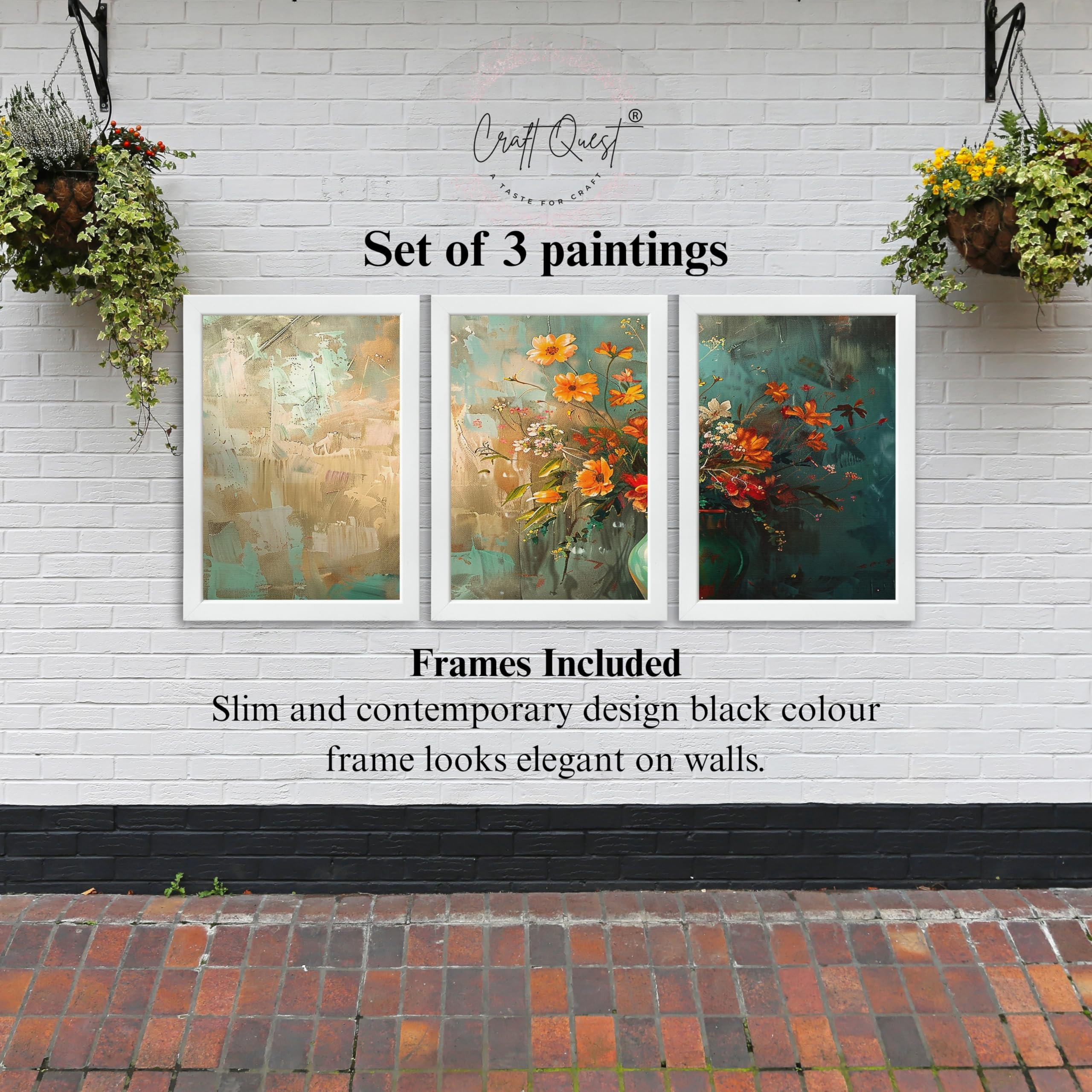 CRAFT QUEST Nature Inspired Paintings Of Flowers Wall Art | Set of 3 Frames for Home Decoration | Ideal for Living Room, Bedroom & Office