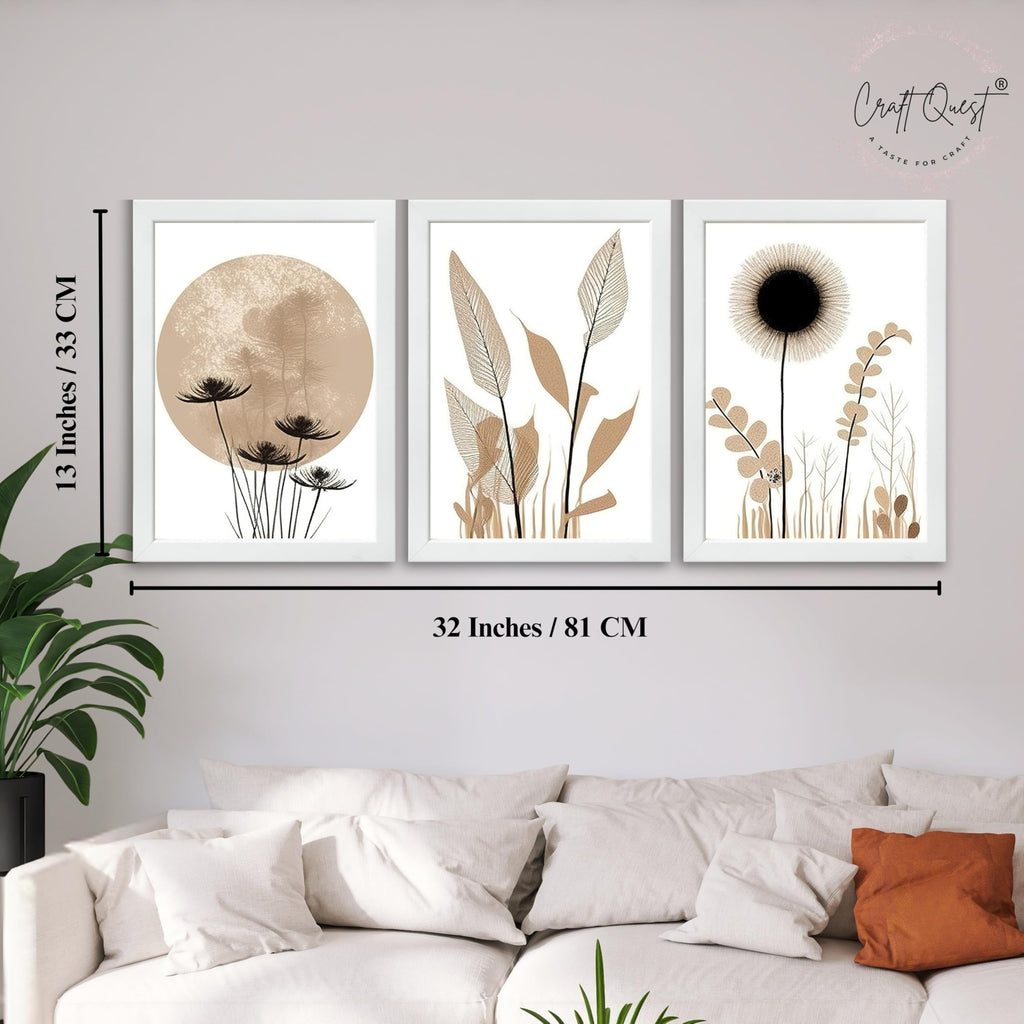 CRAFT QUEST Boho Minimalist Abstract Wall Art | Set of 3 Frames for Home Decoration | Ideal for Living Room, Bedroom & Offices