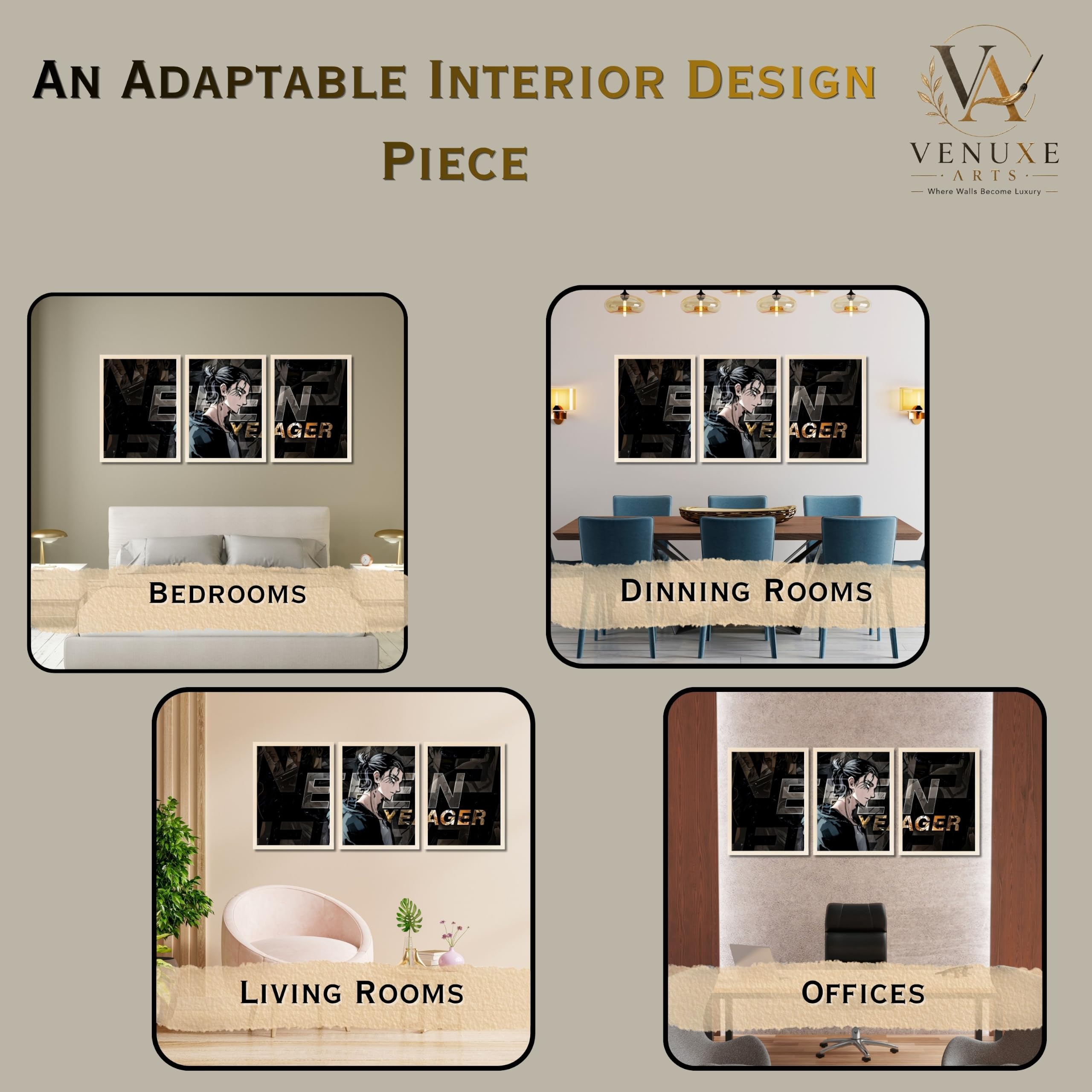 VENUXE ARTS Set Of 3 Anime Characters Wall Framed |Anime Characters Framed Poster for Living Room Bedroom Gaming Room Studio Wall Decor
