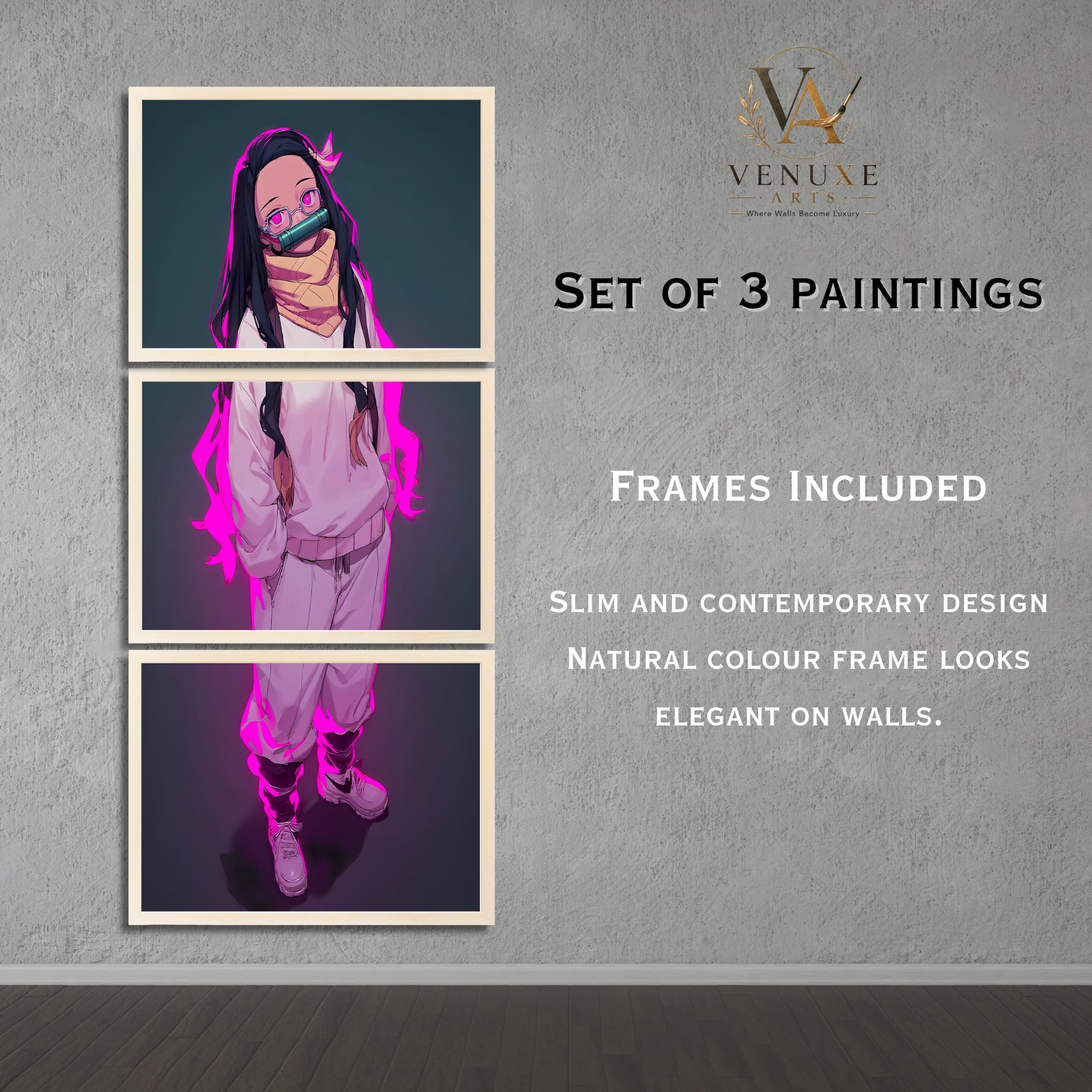 VENUXE ARTS Set Of 3 Anime Characters Wall Framed |Anime Characters Framed Poster for Living Room Bedroom Gaming Room Studio Wall Decor
