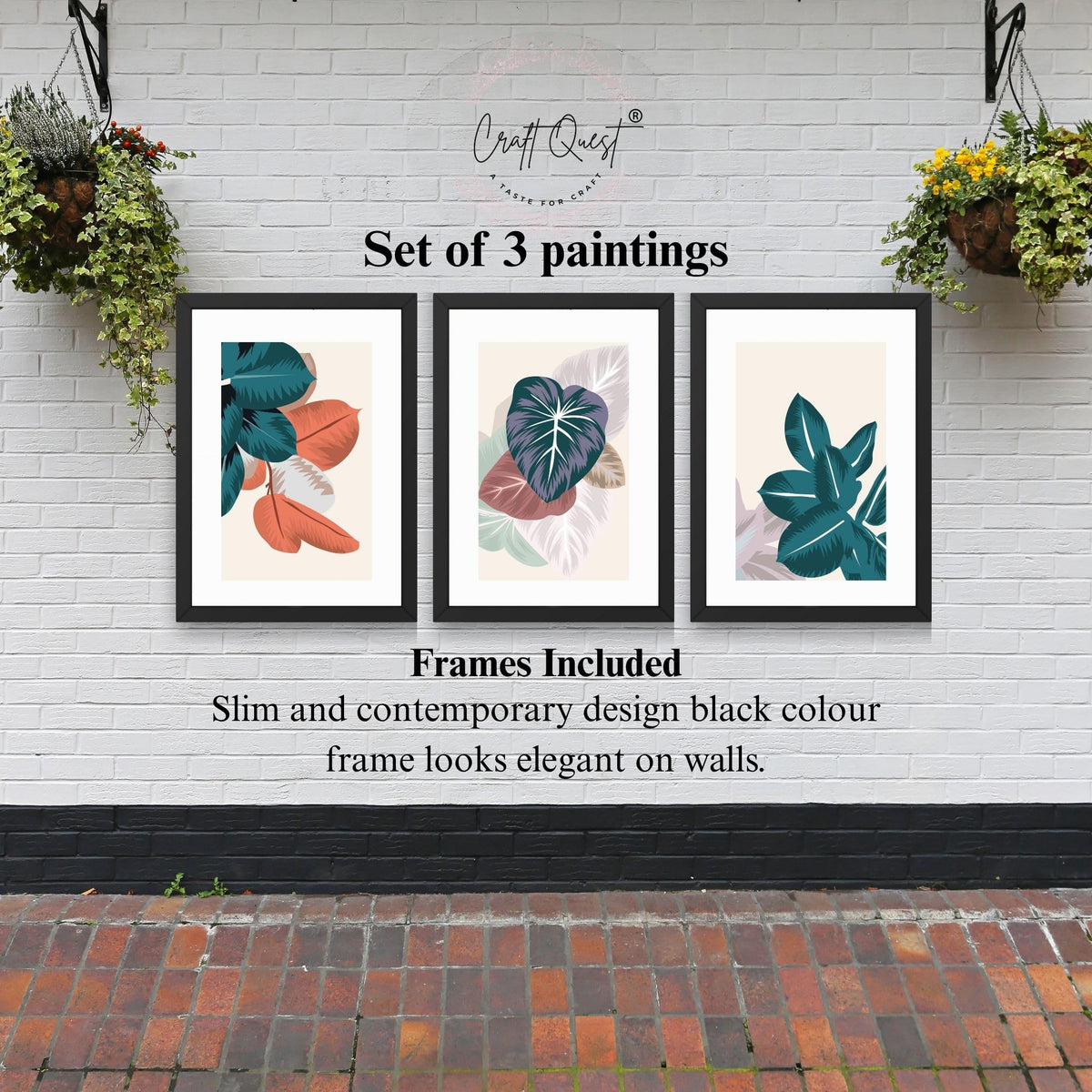 CRAFT QUEST Wall Art Decor Paintings | Set of 3 FLORAL Wall Art Frames for Home Decoration | Ideal for Living Room, Bedroom & Offices
