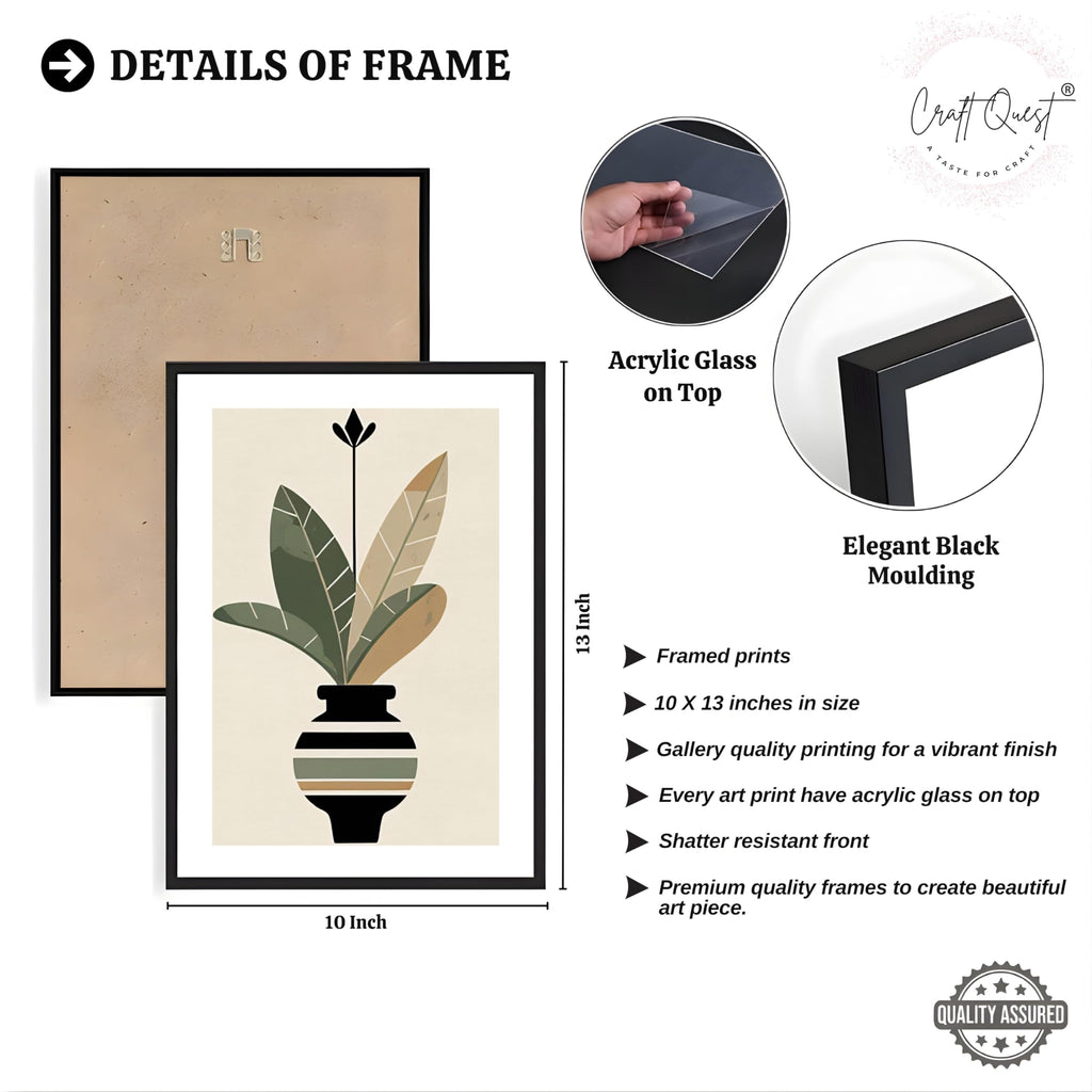 CRAFT QUEST Boho Leaves & Flowers Geometric Abstract | Set of 3 Frames for Home Decoration | Ideal for Living Room, Bedroom & Offices