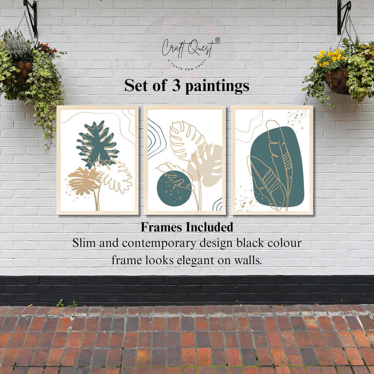 CRAFT QUEST Boho Leaf Artwork | Set of 3 Frames for Home Decoration | Ideal for Living Room, Bedroom & Offices