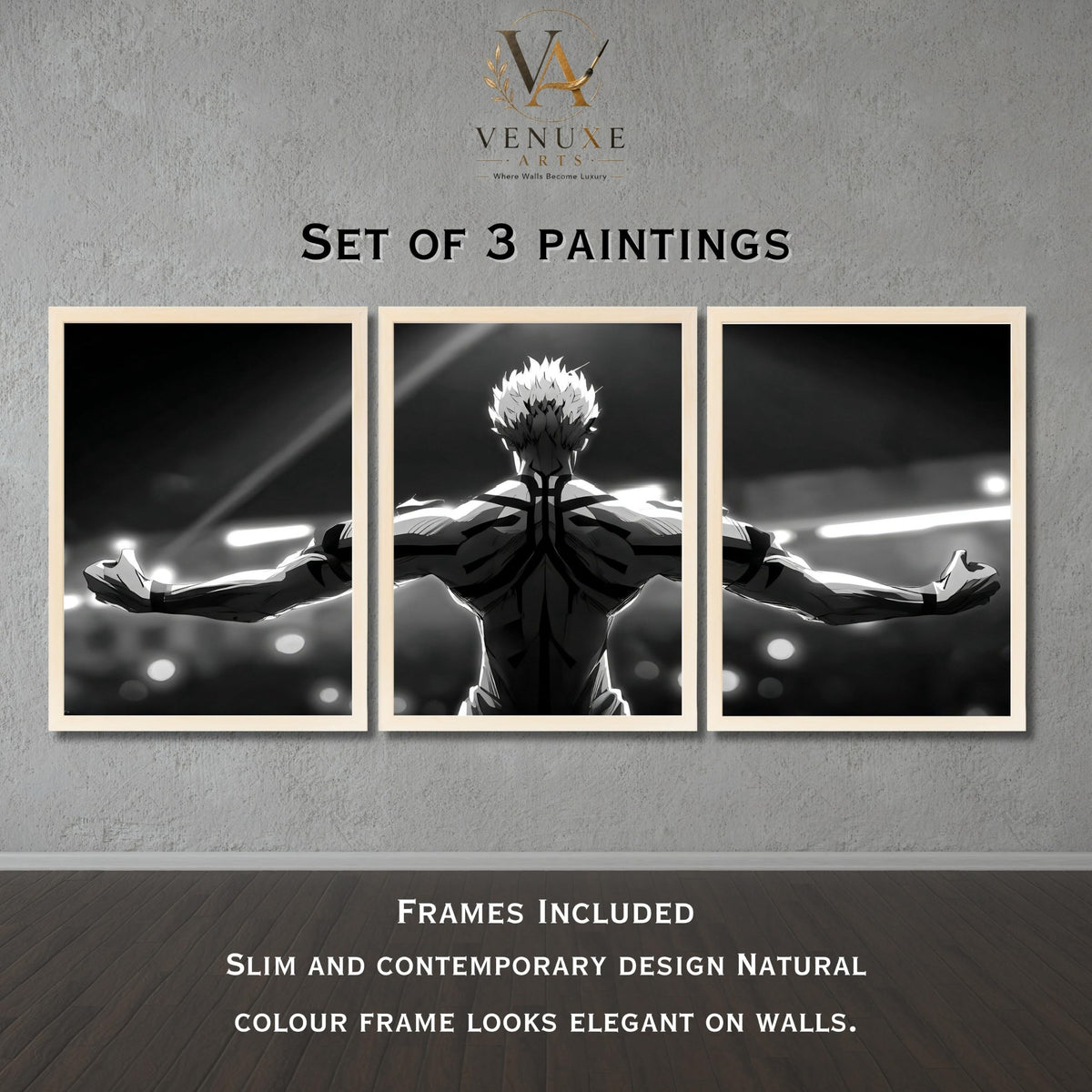 VENUXE ARTS Set Of 3 Anime Characters Wall Framed |Anime Characters Framed Poster for Living Room Bedroom Gaming Room Studio Wall Decor