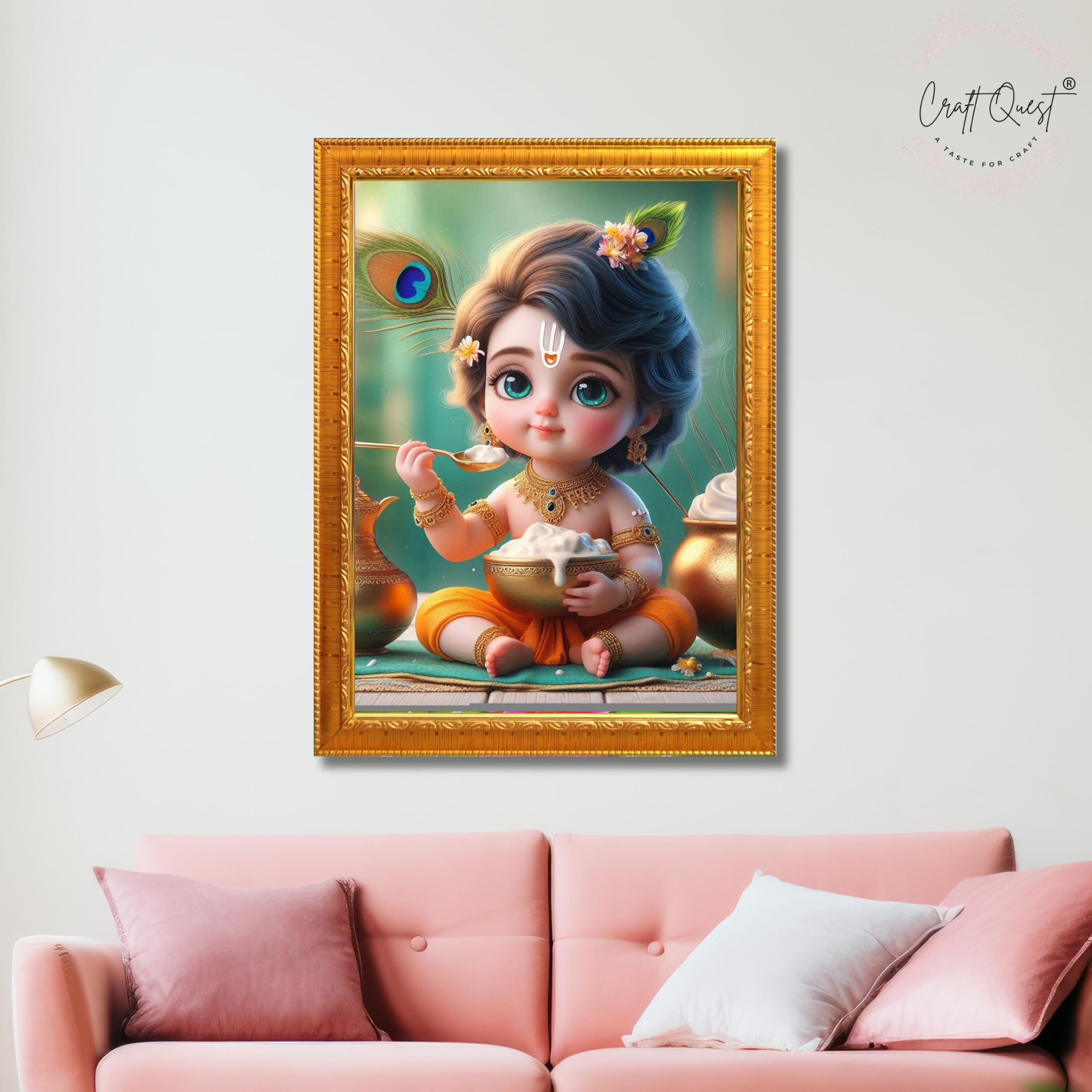 CRAFT QUEST Cute Baby Krishna HD Print | Little Krishna Frame for Home Temple, Office Desk, Car Dashboard