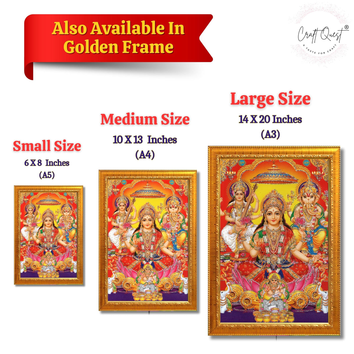 CRAFT QUEST Goddess Laxmi Ganesh Saraswati Religious God Hindu Photo Frame for Diwali,Temple, Pooja, Living Room Home and Decor Item