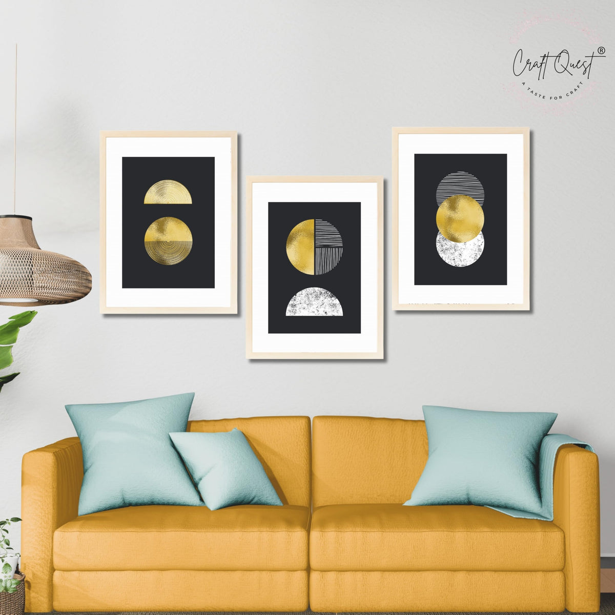 CRAFT QUEST Modern Minimalist Mid Century Abstract Wall Art | Set of 3 Frames for Home Decoration | Ideal for Living Room, Bedroom & Offices