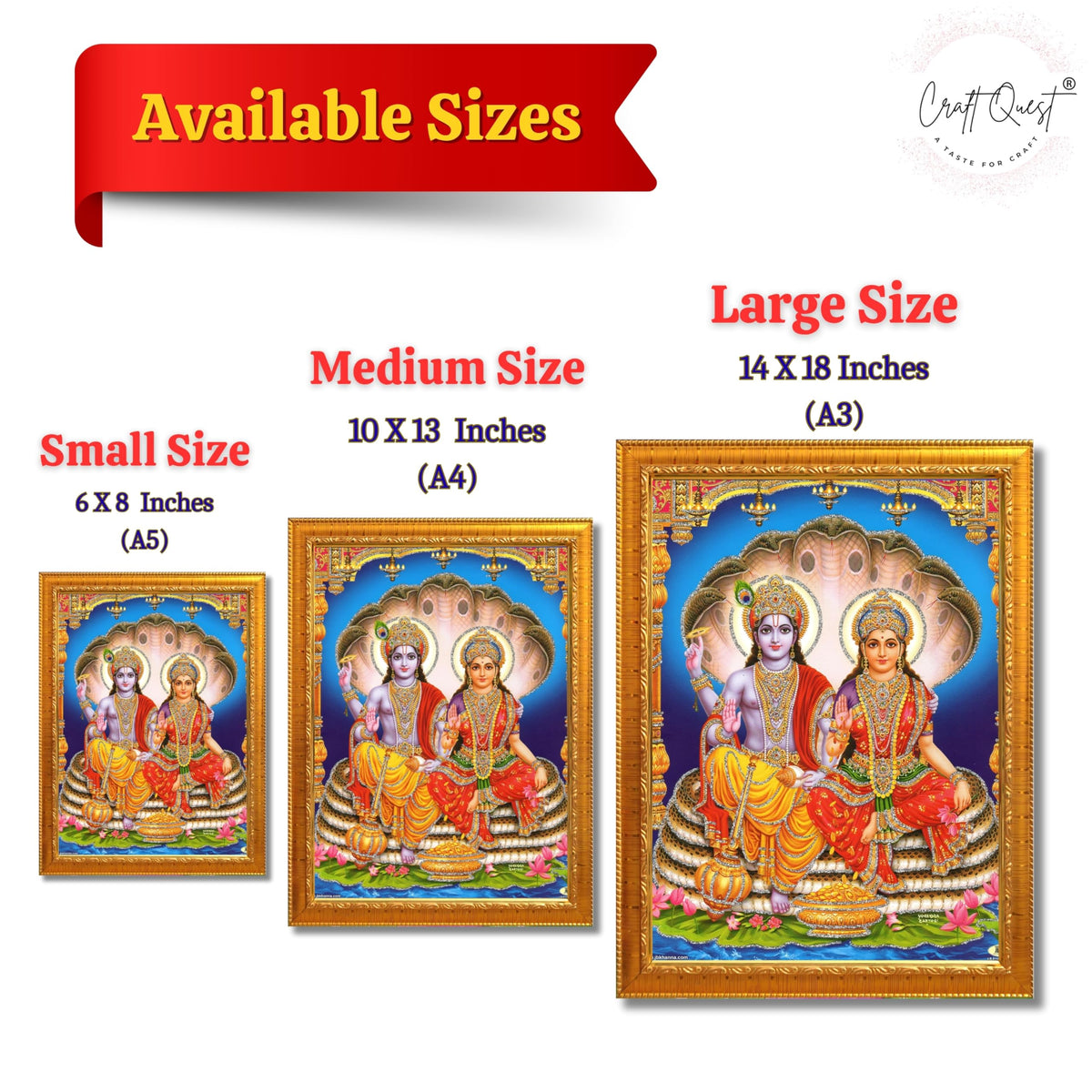 CRAFT QUEST Lord Vishnu and Goddess Lakshmi Giving Blessing on Shesh naag Glitter Painting with Golden Synthetic Frame