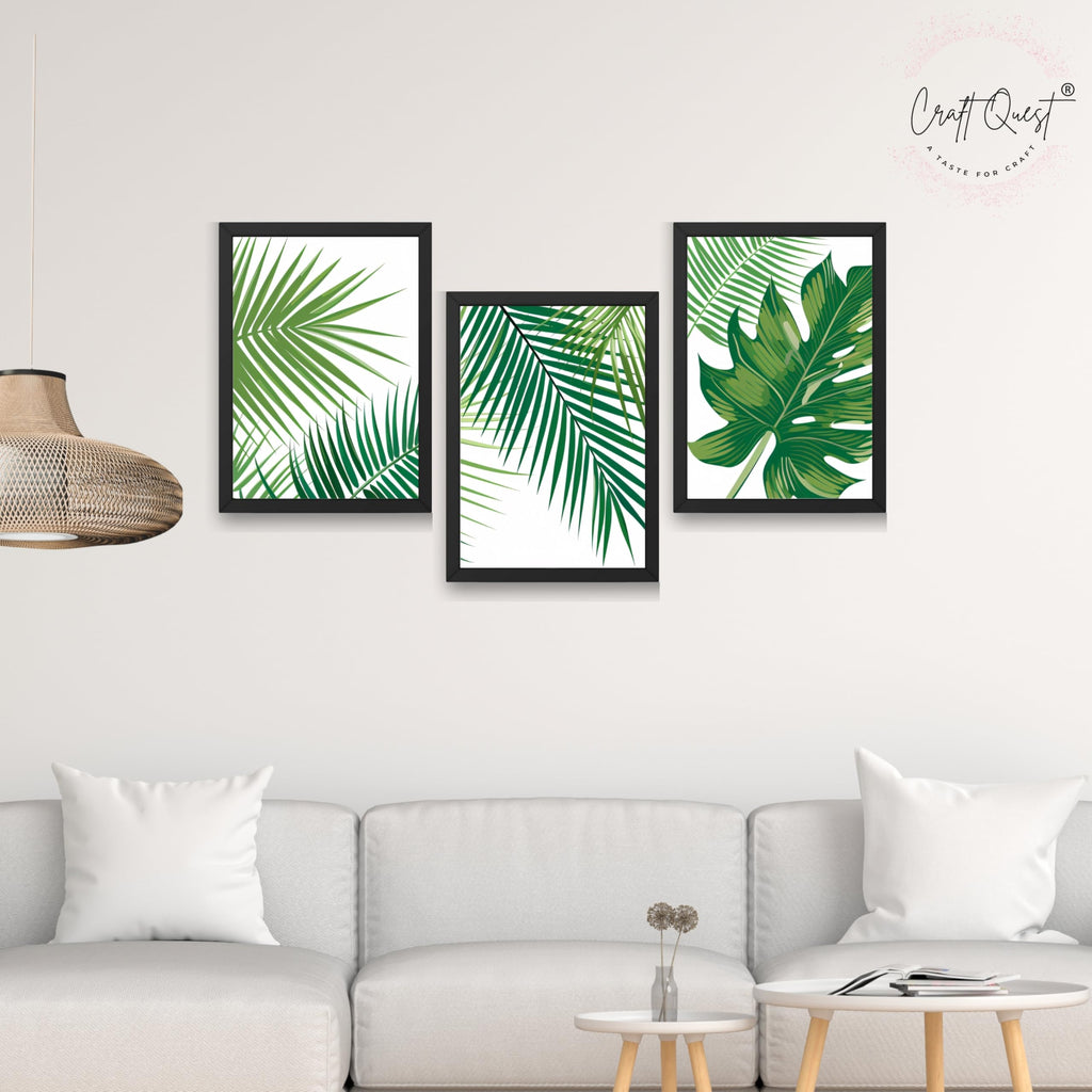 CRAFT QUEST Nature Inspired Tropical Palm Leaf Modern Wall Art | Set of 3 Frames for Home Decoration | Ideal for Living Room, Bedroom & Offices