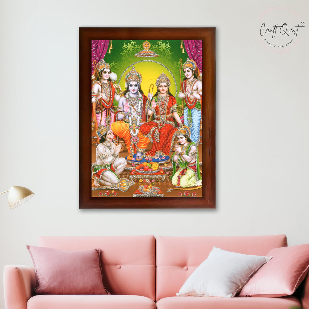 CRAFT QUEST Ram Darbar Lord Shri Rama Sita Parivar Family Wall Painting Framed Home and Pooja Decor