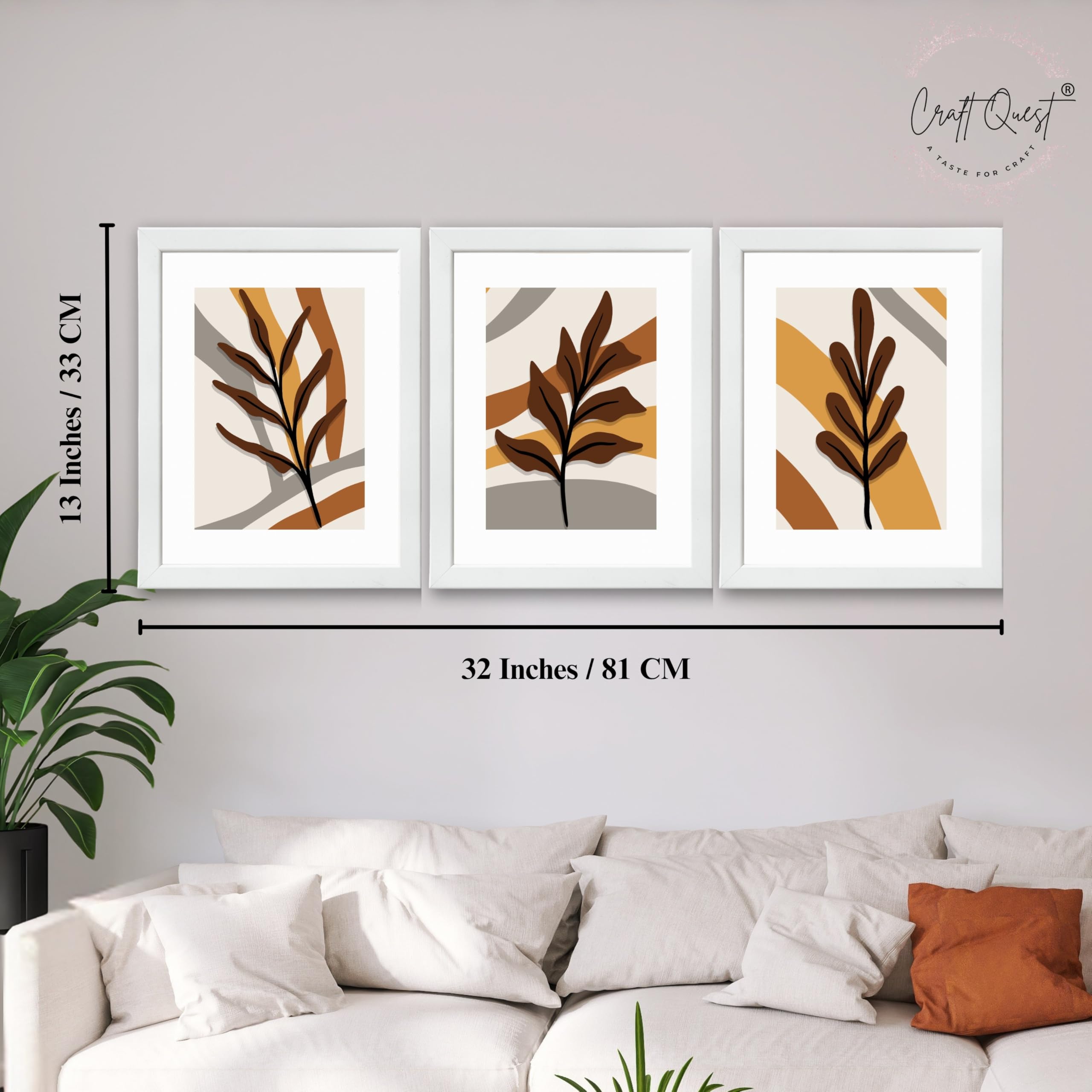 CRAFT QUEST Wall Art Decor Paintings | Set of 3 BOHO Wall Art Frames for Home Decoration | Ideal for Living Room, Bedrooms & Offices