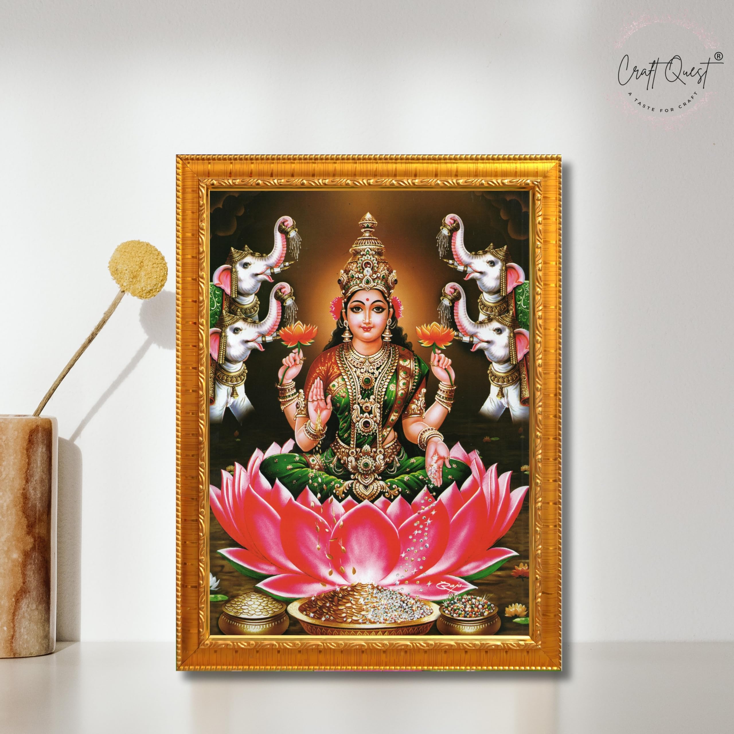 CRAFT QUEST Goddess Lakshmi Devi Vaibhav Laxmi Maa Wall Painting Photo Framed | Ideal for Home, Office, Temple & Puja Room, Wall Decor
