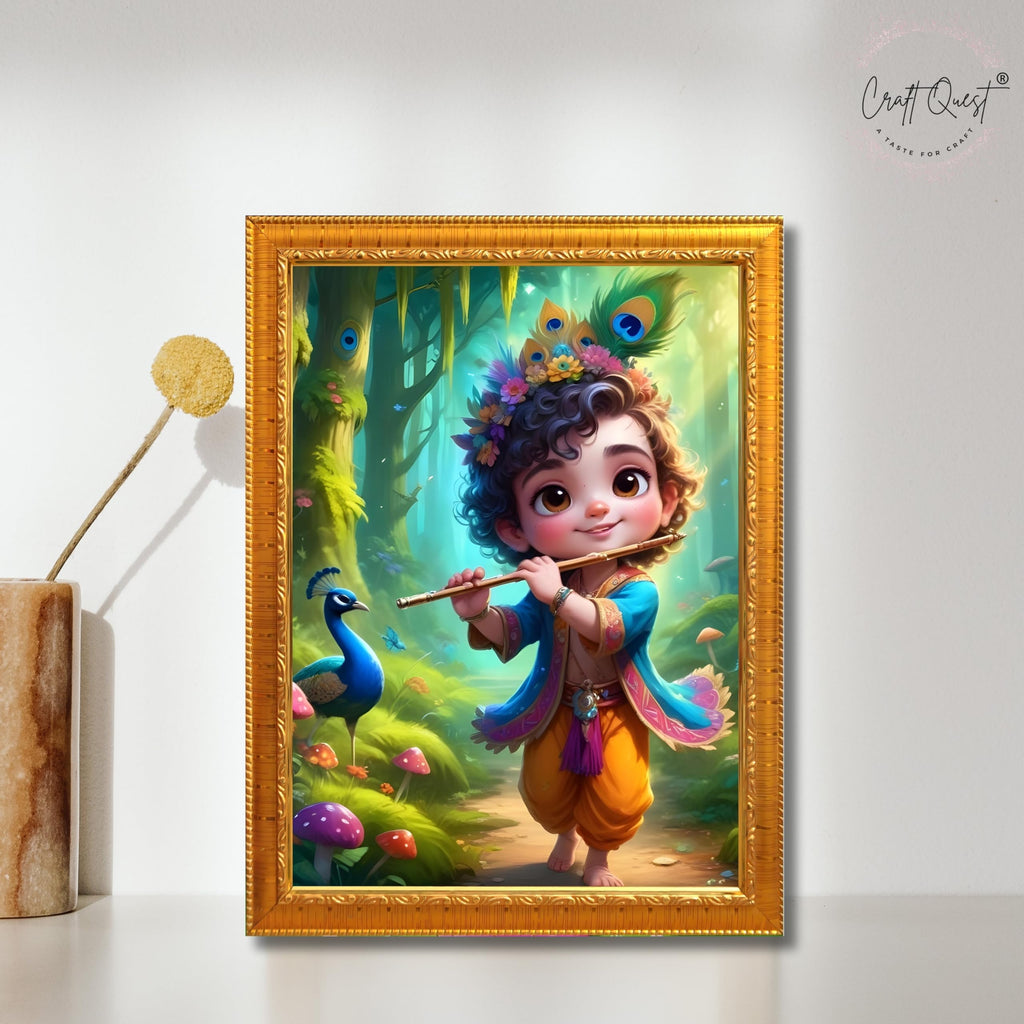 CRAFT QUEST Cute Little Krishna Frame | Bal Gopal HD Painting | Home Temple, Office Desk, Wall Décor Item