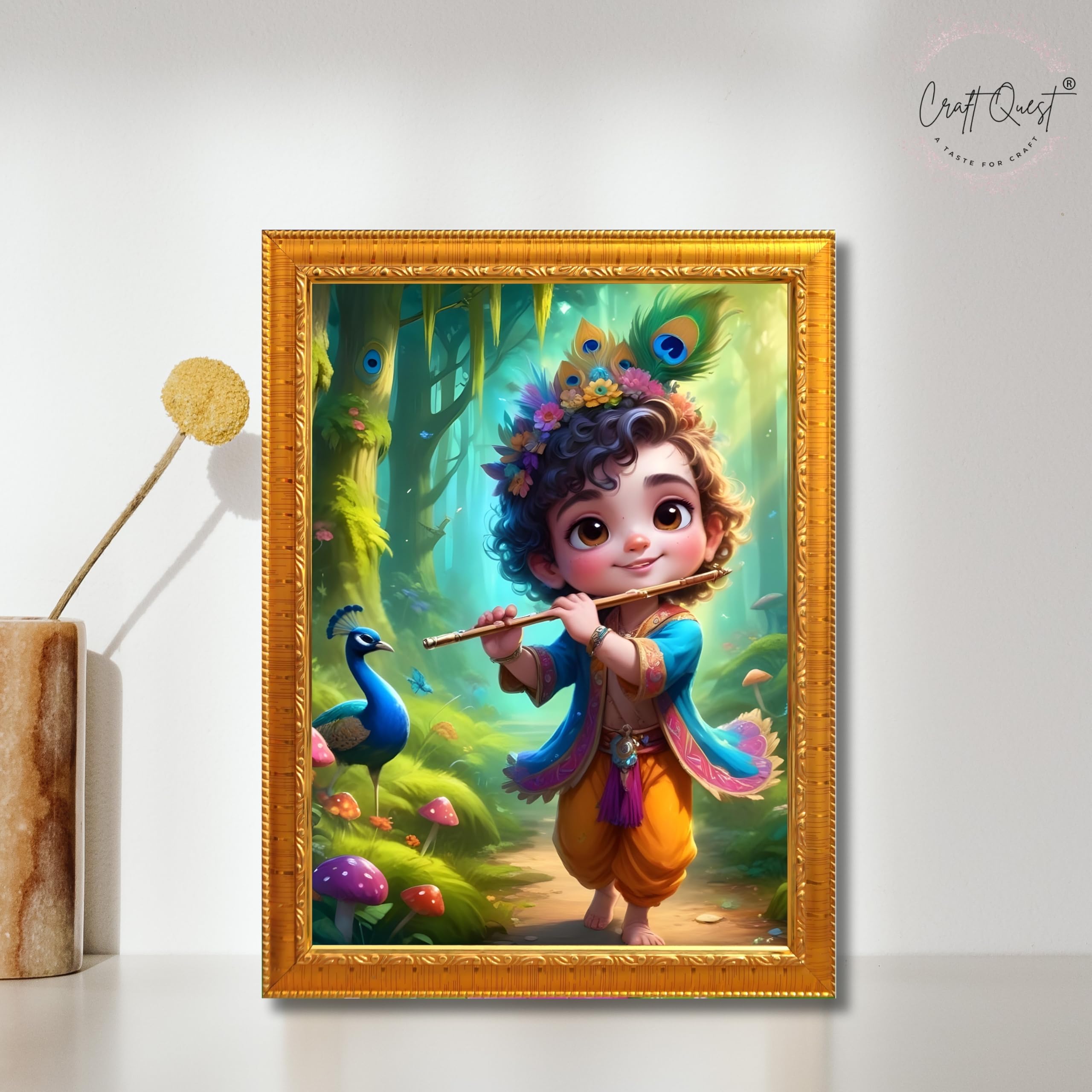 CRAFT QUEST Cute Little Krishna Frame | Bal Gopal HD Painting | Home Temple, Office Desk, Wall Décor Item