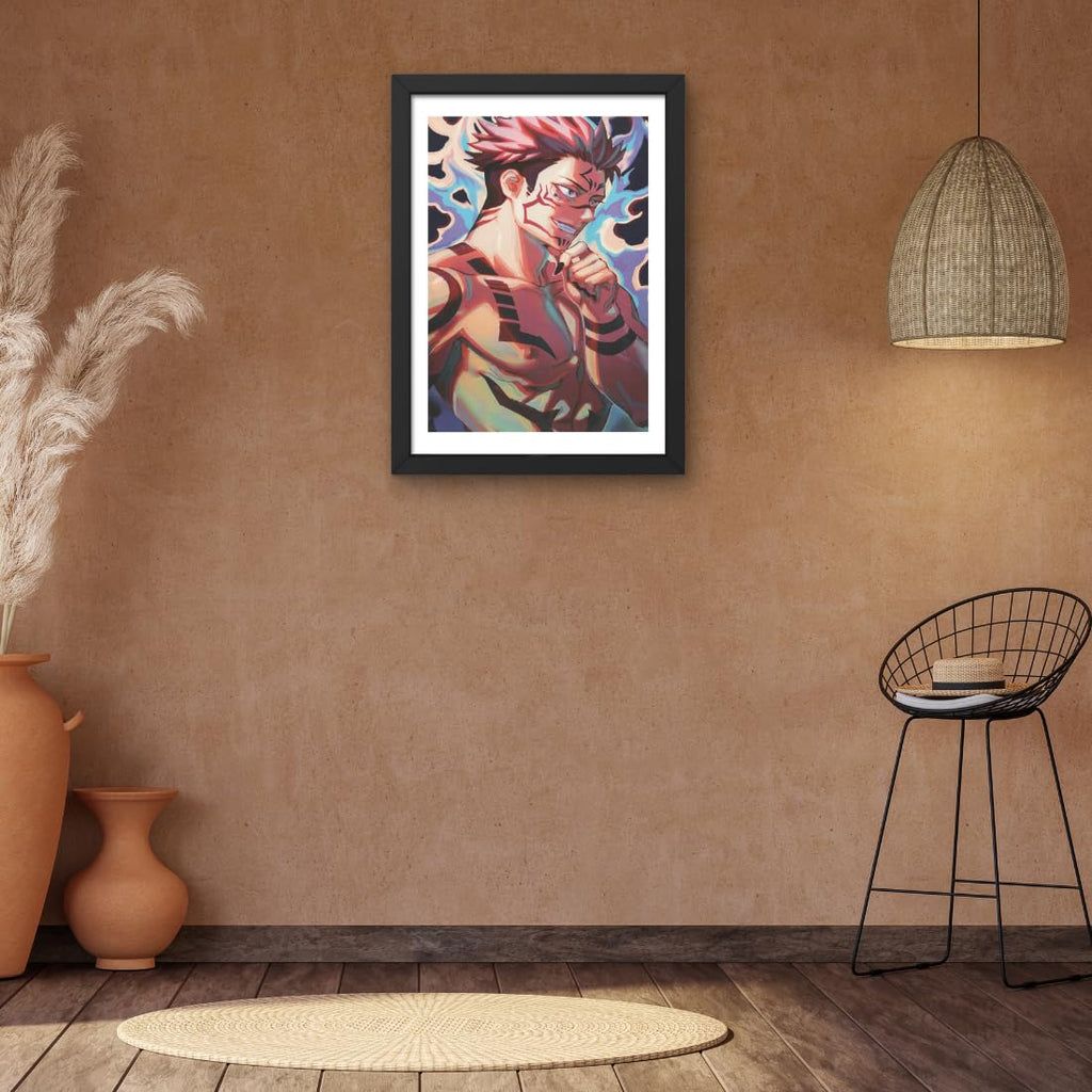 CRAFT QUEST Sukuna ryomen Poster Anime Laminated Posters Framed Painting with Matt Black Frame (14 Inches x 10 Inches)