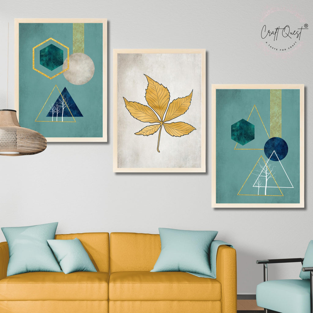 CRAFT QUEST Modern Art Shapes & Leaf Abstract | Set of 3 Frames for Home Decoration | Ideal for Living Room, Bedroom & Offices