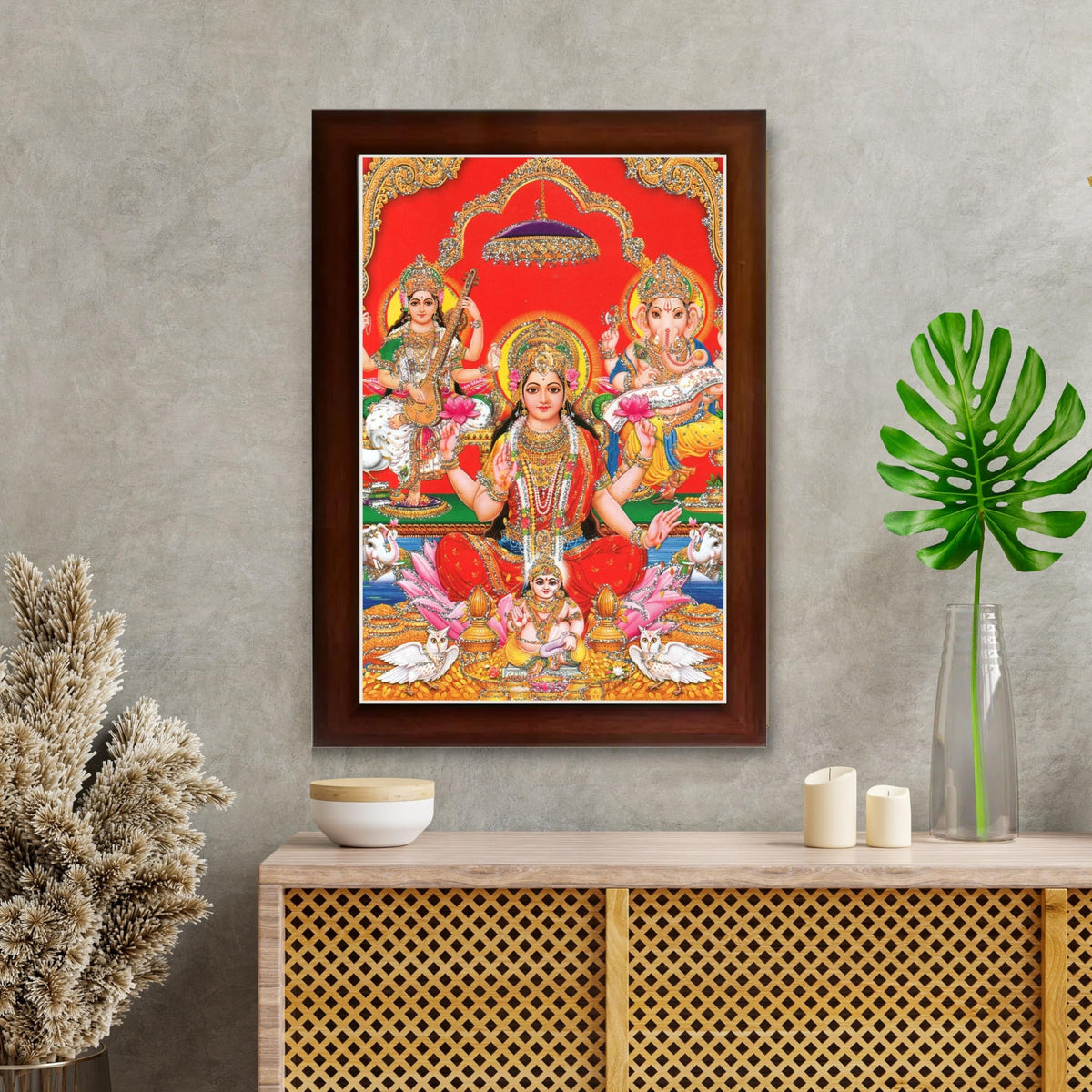CRAFT QUEST Lord Laxmi Ganesh Saraswati Religious God Hindu Photo Frame for Diwali,Wall, Office, Temple, Pooja, Living Room Home and Decor Item
