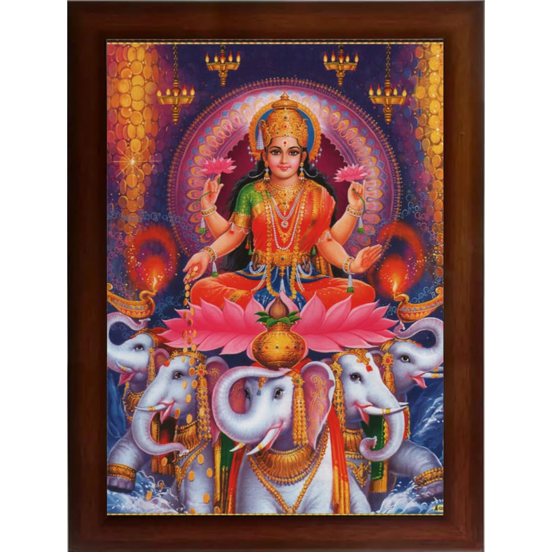 Craft Quest Goddess Lakshmi Devi Dhana Vaibhav Laxmi Maa Wall Painting Framed Home Decor (Synthetic, Matte, Brown, Medium Size, 14 X 10 Inch)