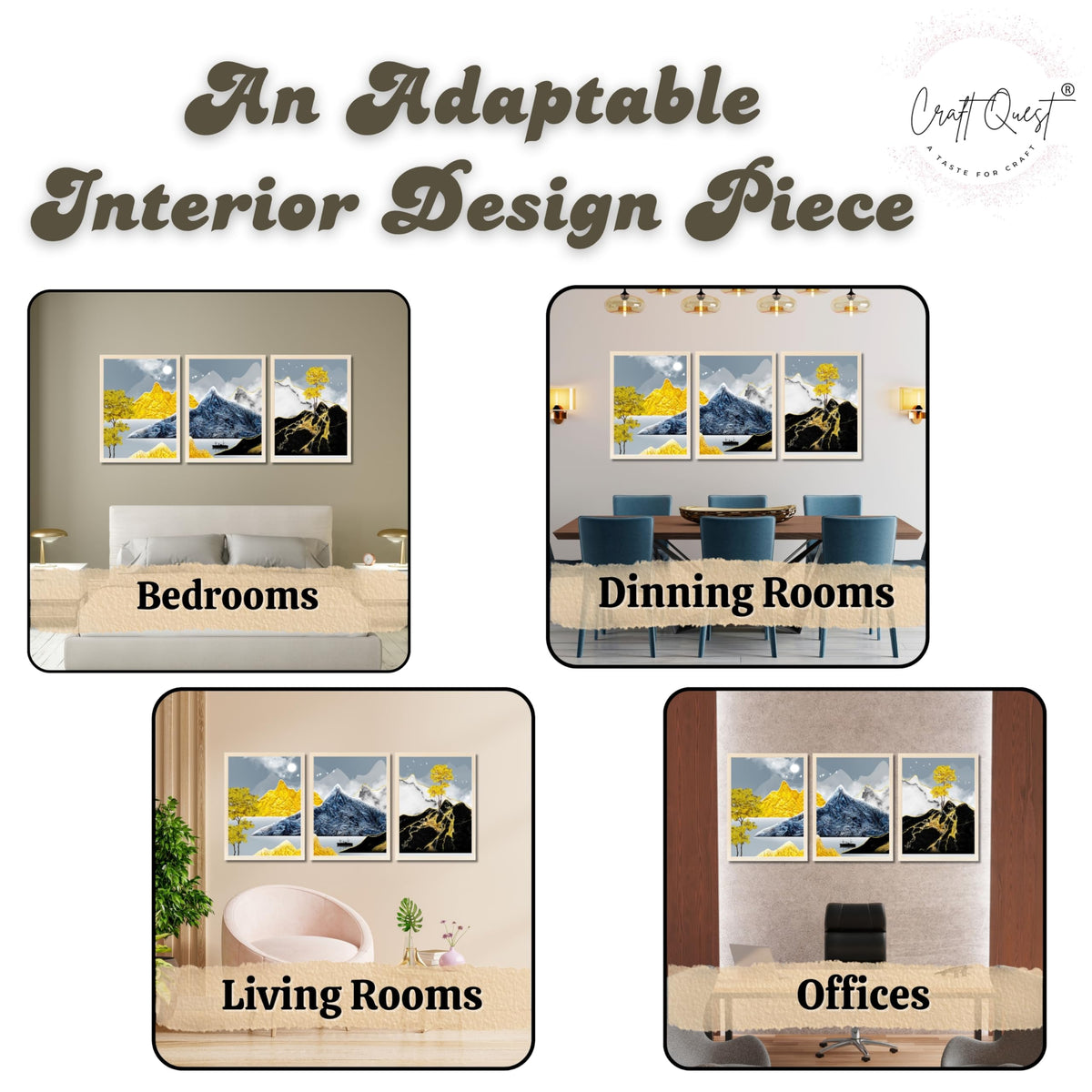 CRAFT QUEST Modern Art Abstract Ink Landscape Wall Art | Set of 3 Frames for Home Decoration | Ideal for Living Room, Bedroom & Offices