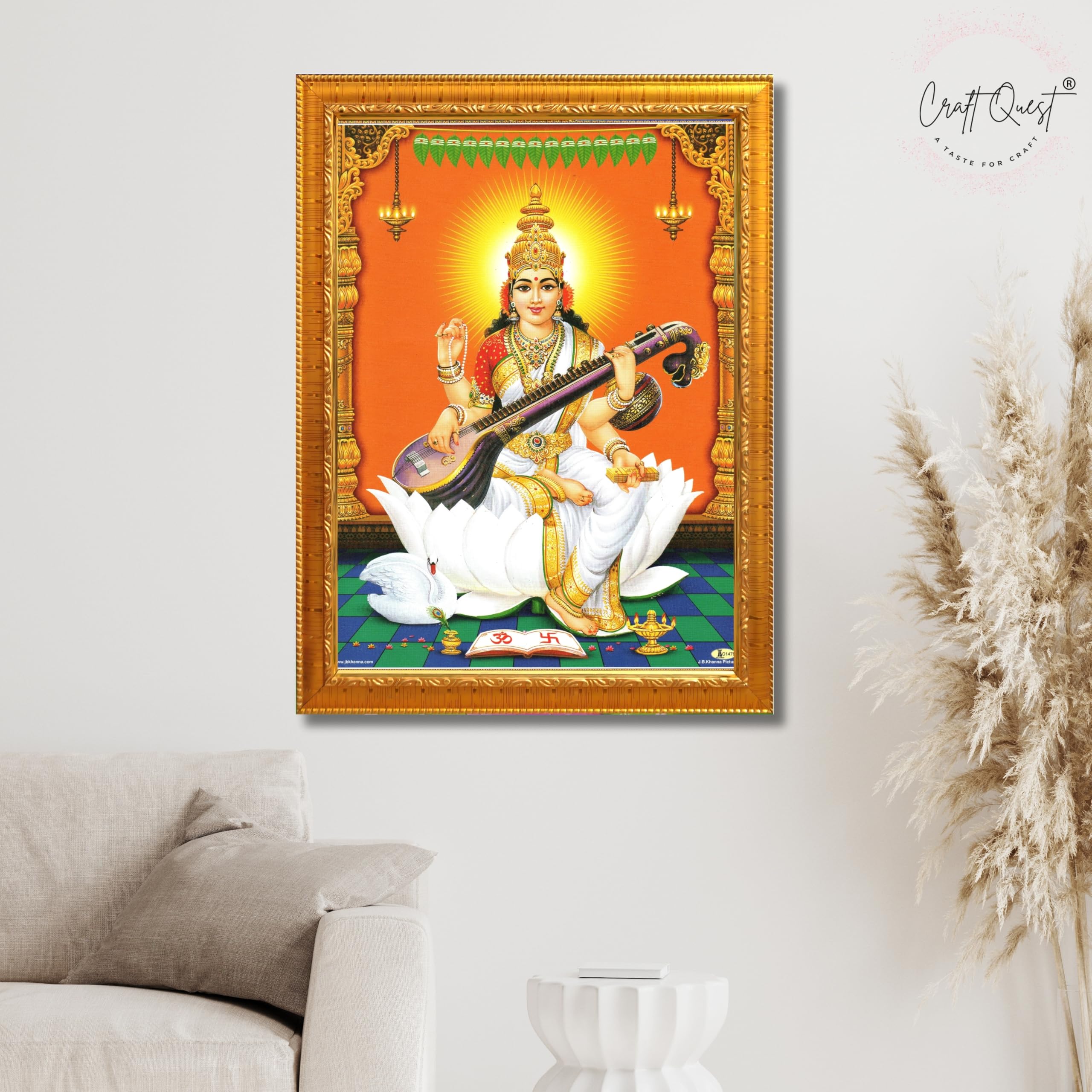 CRAFT QUEST Saraswati Devi Goddess Saraswathi Maa Wall Painting For Home Décor Synthetic wood Framed
