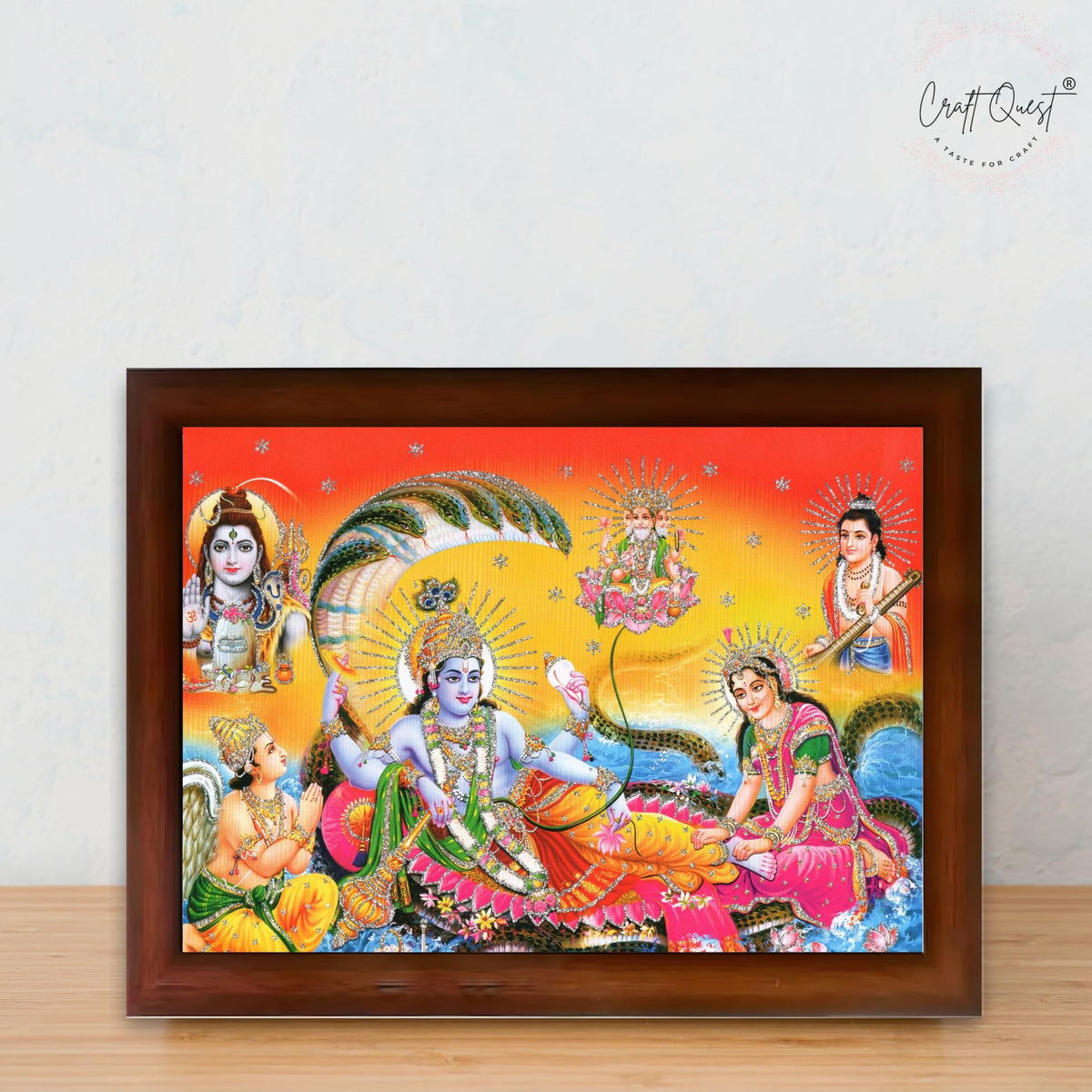 CRAFT QUEST Goddess Lakshmi pressing legs of lord Vishnu on Shesh naag, Glitter Work Painting wooden frame