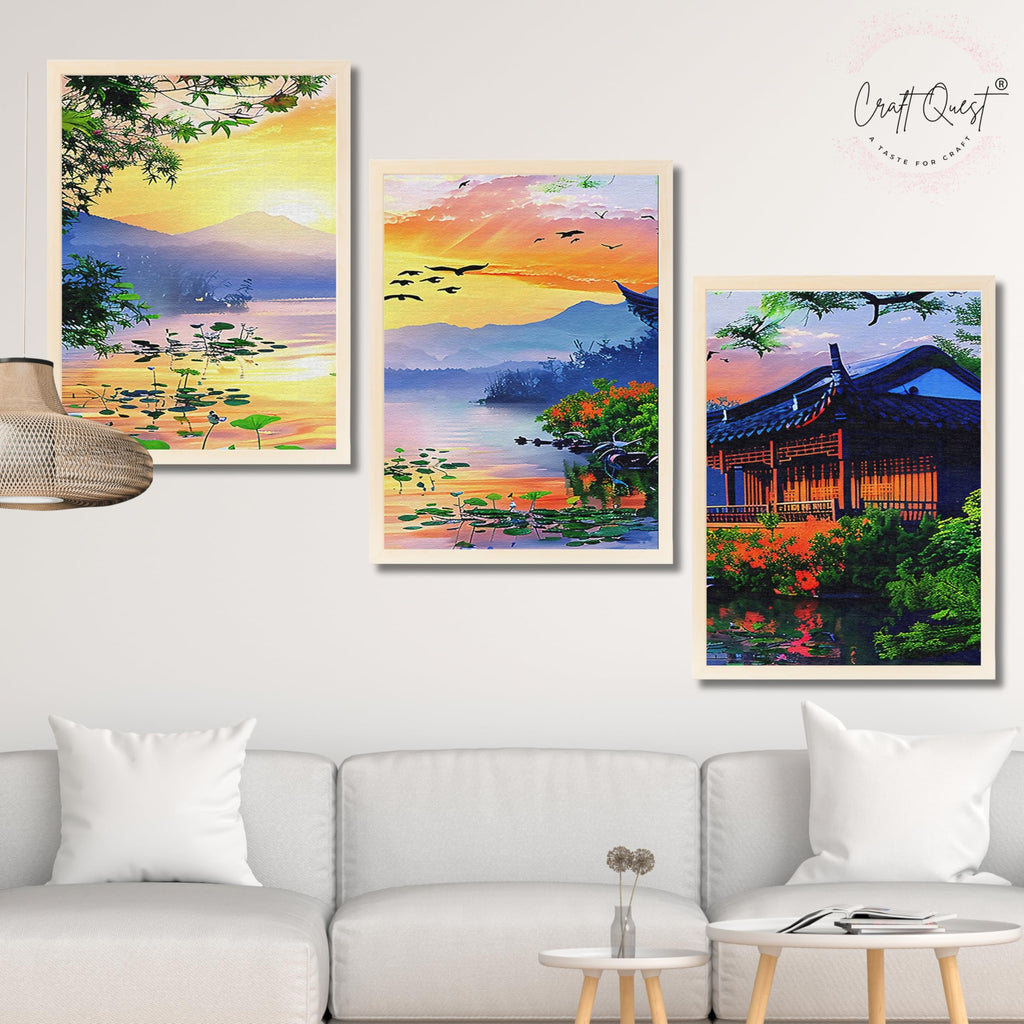 CRAFT QUEST Modern Art Of Sunset Wall Art | Set of 3 Frames for Home Decoration | Ideal for Living Room, Bedroom & Offices