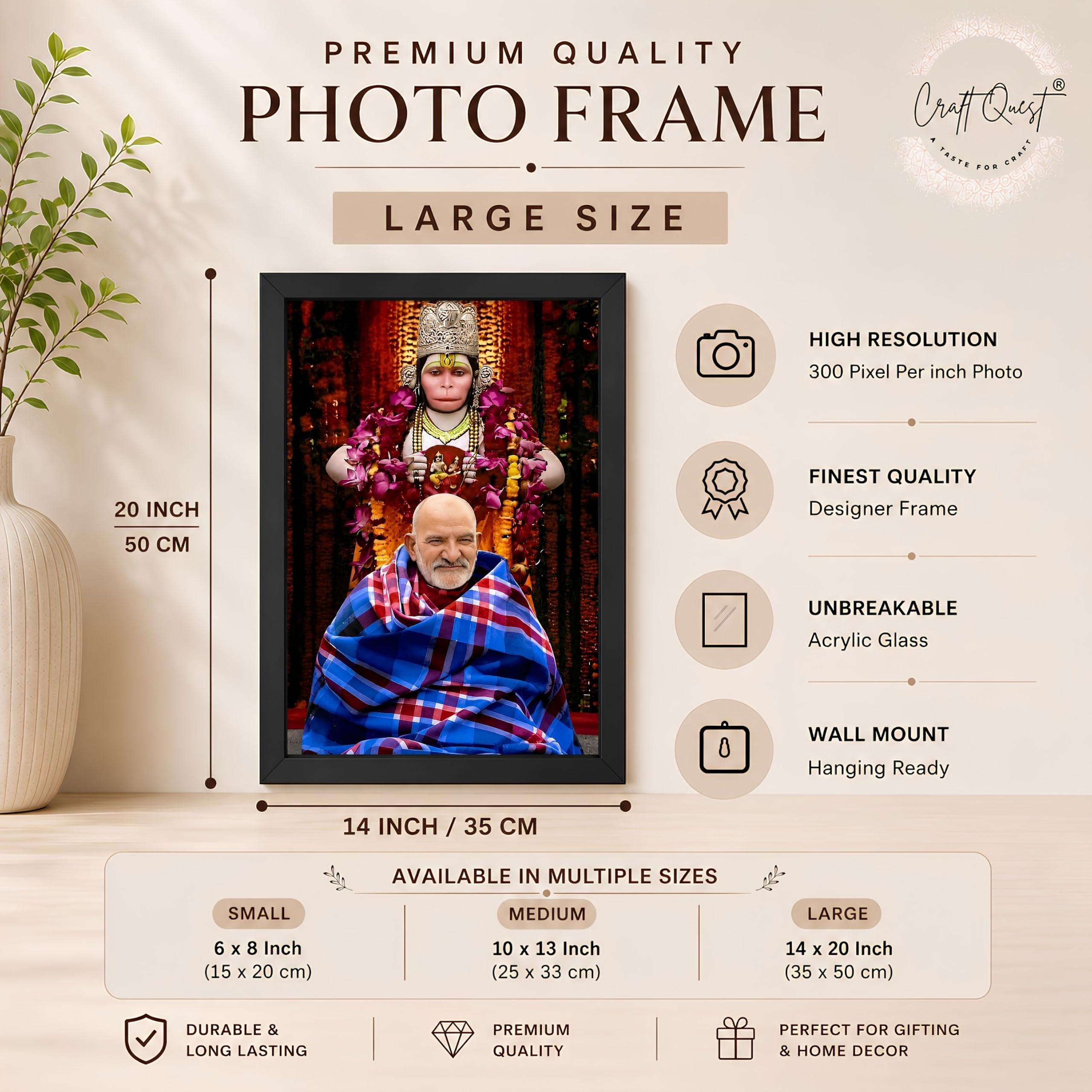 CRAFT QUEST Neem Karoli Baba Maharaj Ji Smiling Portrait Photo Frame for Wall | Spiritual Guru Religious Wall Art | Devotional Photo for Home, Mandir, Puja Room & Gifting