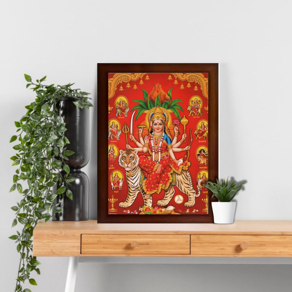 CRAFT QUEST Nav Durga mata photo with brown frame | God Religious Framed Painting (Large Size 14 X 10 Inches. Multicolour)