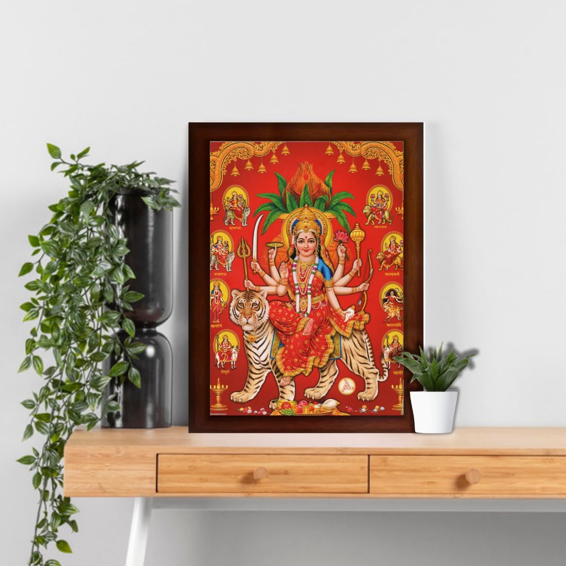 CRAFT QUEST Nav Durga mata photo with brown frame | God Religious Framed Painting (Large Size 14 X 10 Inches. Multicolour)