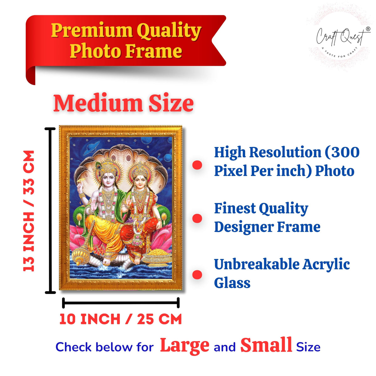 CRAFT QUEST Lord Vishnu and Goddess Lakshmi Giving Blessing on Shesh naag, Glitter Work Painting Synthetic Wood Frame