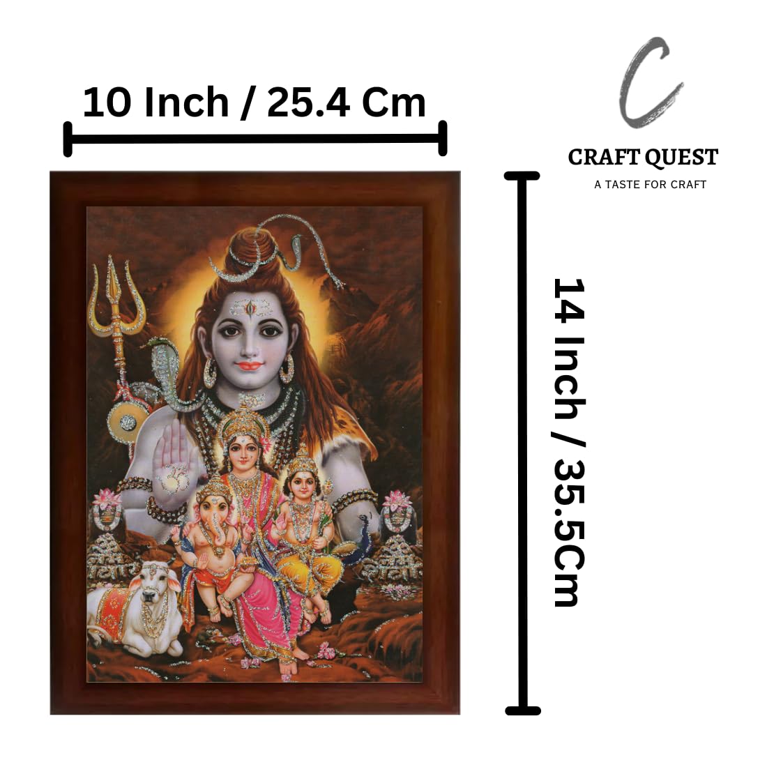 Craft Quest Shiv Parivar | Shiv Parvati (Shiv Shankar, Maa Parvati, Ganesh and Kartikey) Religious Synthetic Photo Frame Sparkle Coated for Pooja (10 X 14 inch, Multicolour)