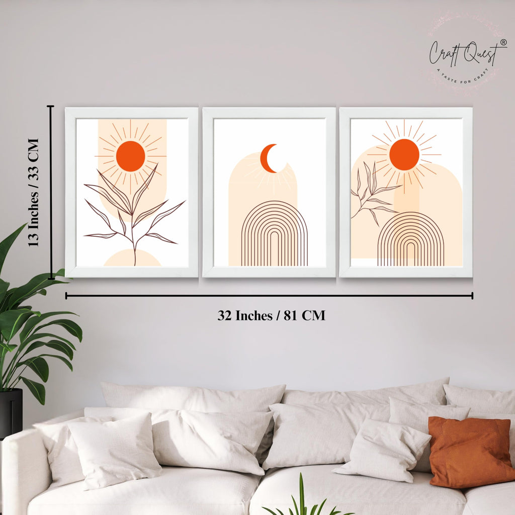 CRAFT QUEST Wall Art Decor Paintings | Set of 3 BOHO Wall Art Frames for Home Decoration | Ideal for Living Room, Bedroom & Office