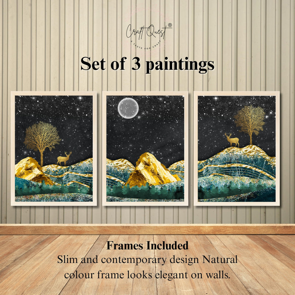 CRAFT QUEST Modern Art Landscape With Turquoise Mountains & Golden Trees Wall Art | Set of 3 Frames for Home Decoration | Ideal for Living Room, Bedroom & Offices