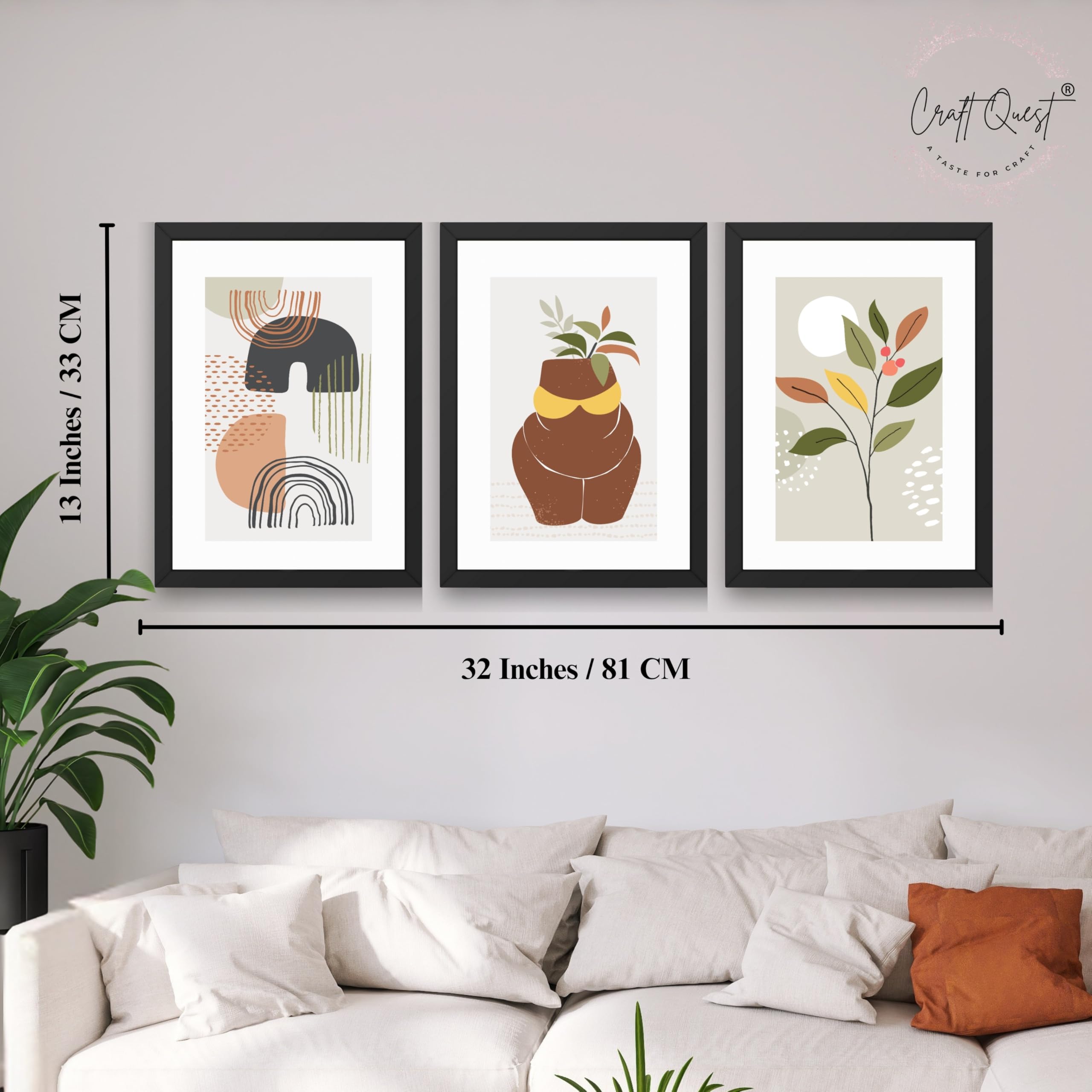 CRAFT QUEST Abstract Minimalist Art Modern Design | Set of 3 Frames for Home Decoration | Ideal for Living Room, Bedroom & Offices