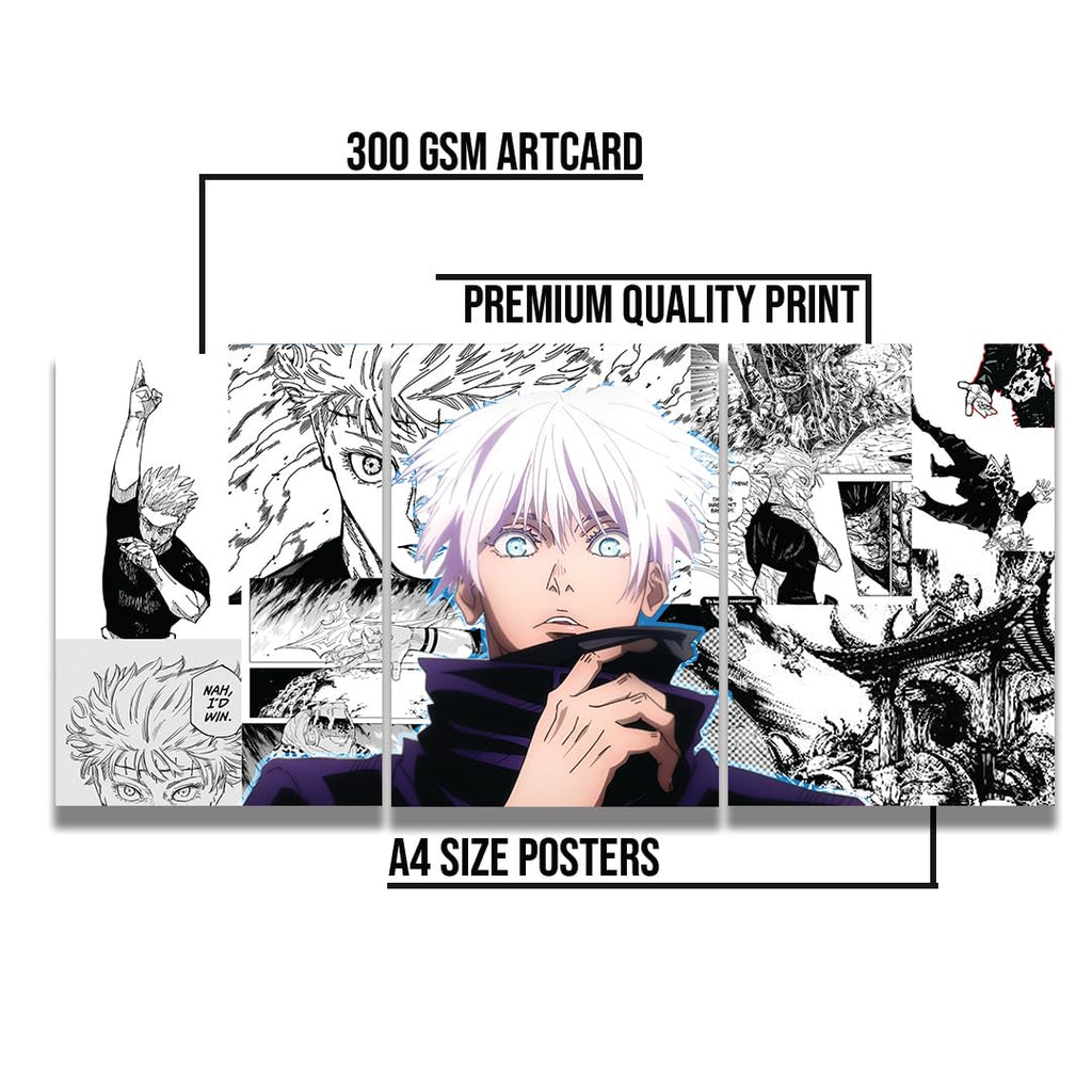 zenithink Gojo Jujutsu Kaisen Wall Poster Pack Of 3-A4 Size, 300 GSM Included Glue Dots, Paper Home Decor Art Poster For Bedroom, Living room, Office, No Frame