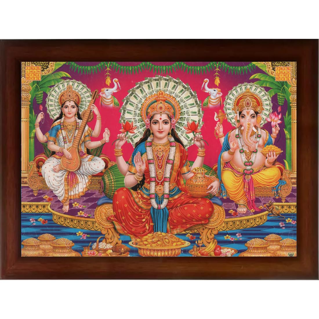 CRAFT QUEST Goddess Lakshmi Devi with ganesh ji and saraswati maa Wall Painting Frame Home Decor (Synthetic, Matte Finish, Brown, Large Size, 14 X 10 Inch)