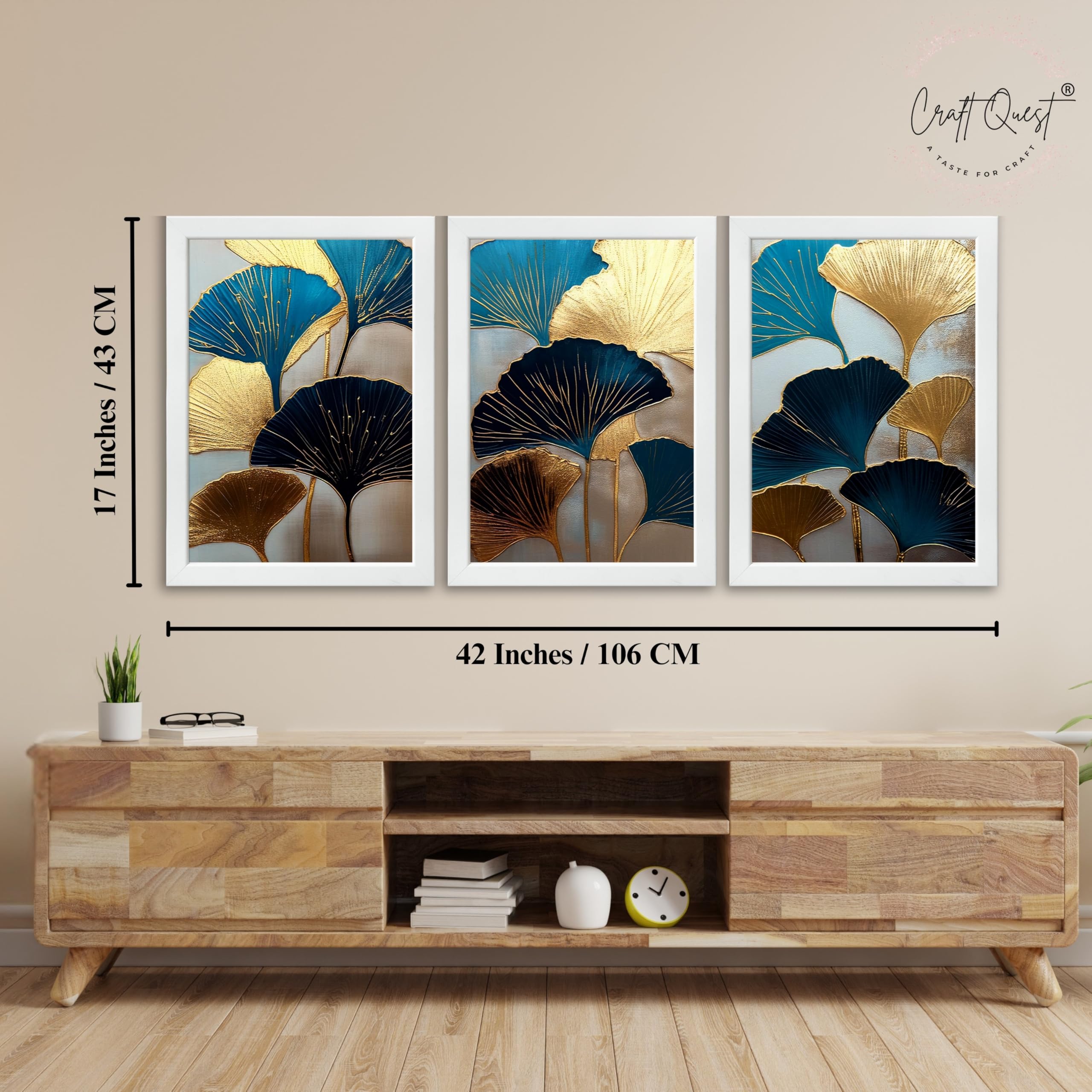 CRAFT QUEST Modern Art Abstract Aureate Geometry Wall Art | Set of 3 Frames for Home Decoration | Ideal for Living Room, Bedroom & Offices