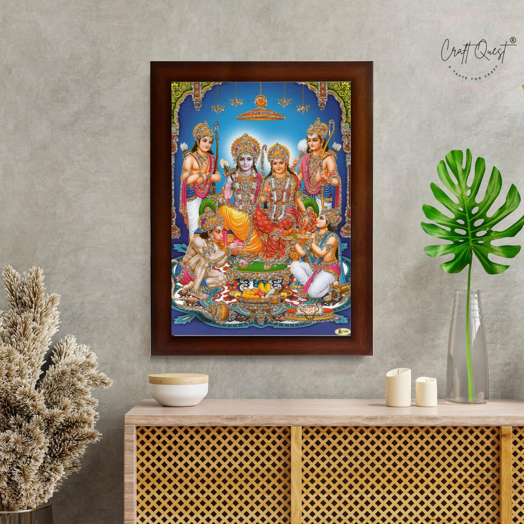 CRAFT QUEST Ram Darbar Lord Shri Ram Ji Sita Mata Parivar Family Wall Painting Framed Home and Pooja Decor