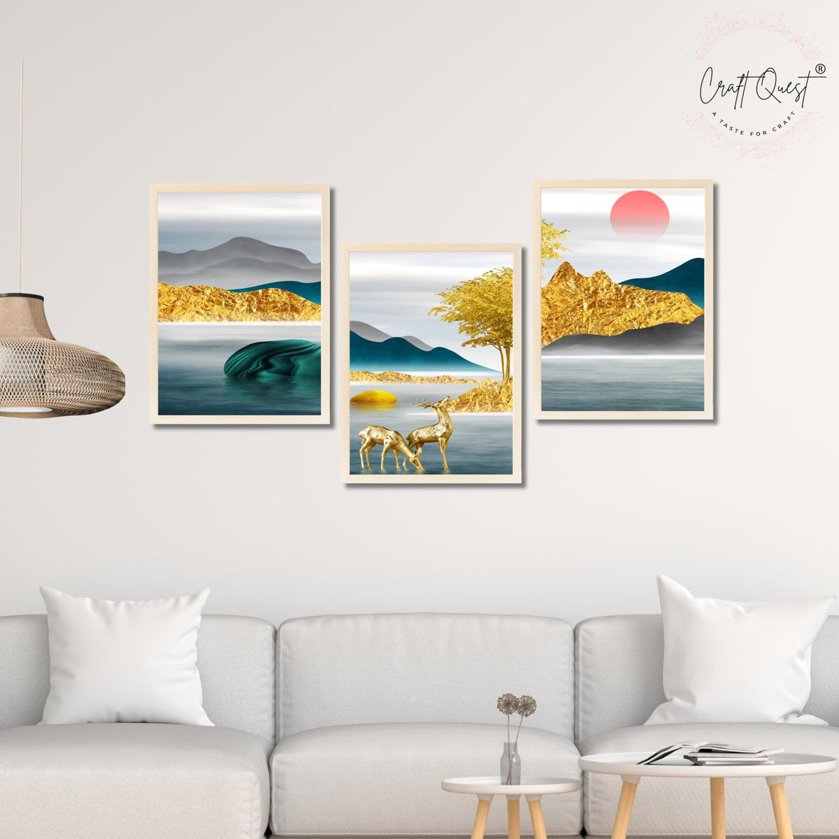 CRAFT QUEST Modern Art Landscapes Sanlian Abstract Wall Art | Set of 3 Frames for Home Decoration | Ideal for Living Room, Bedroom & Offices