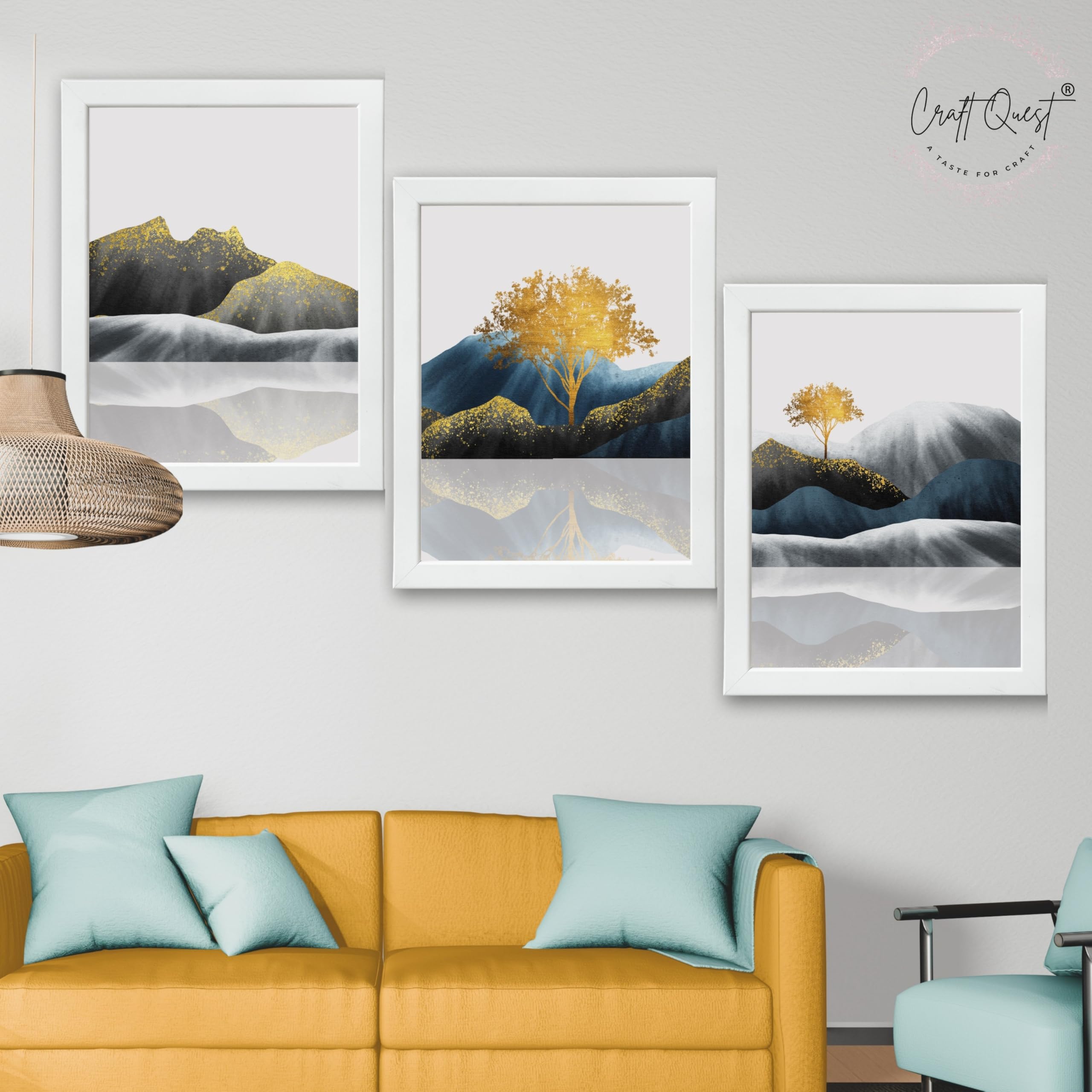 CRAFT QUEST Modern Abstract Golden Trees & Mountains | Set of 3 Frames for Home Decoration | Ideal for Living Room, Bedroom & Offices