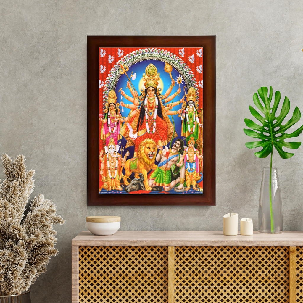 CRAFT QUEST Durga mata Mahishasura Mardini | Mahisasur Mardhini Durga Wall Painting Framed, Goddess Religious Photo Frame With Acrylic Glass