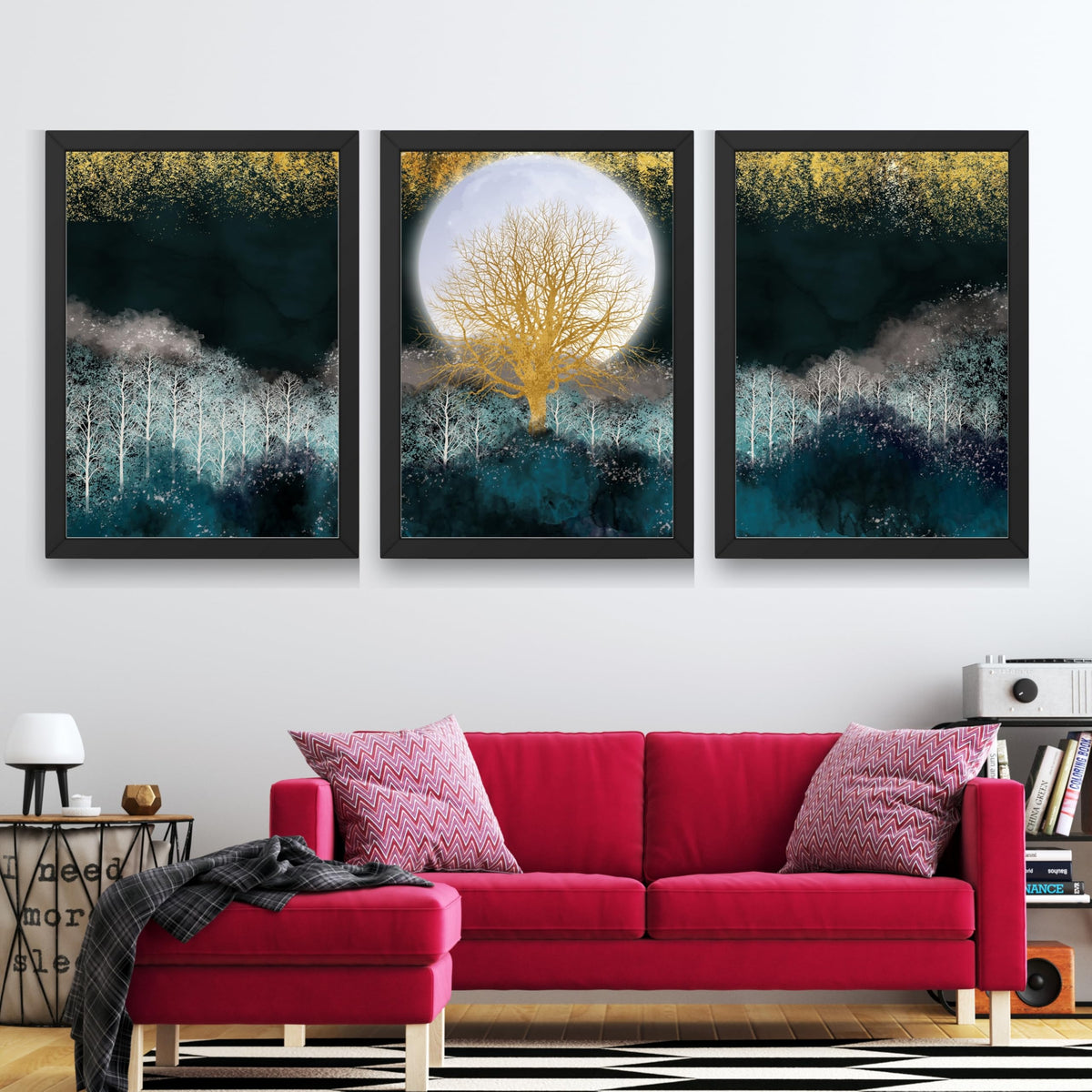 CRAFT QUEST Modern Art Christmas Trees & Mountains Landscape Wall Art | Set of 3 Frames for Home Decoration | Ideal for Living Room, Bedroom & Offices