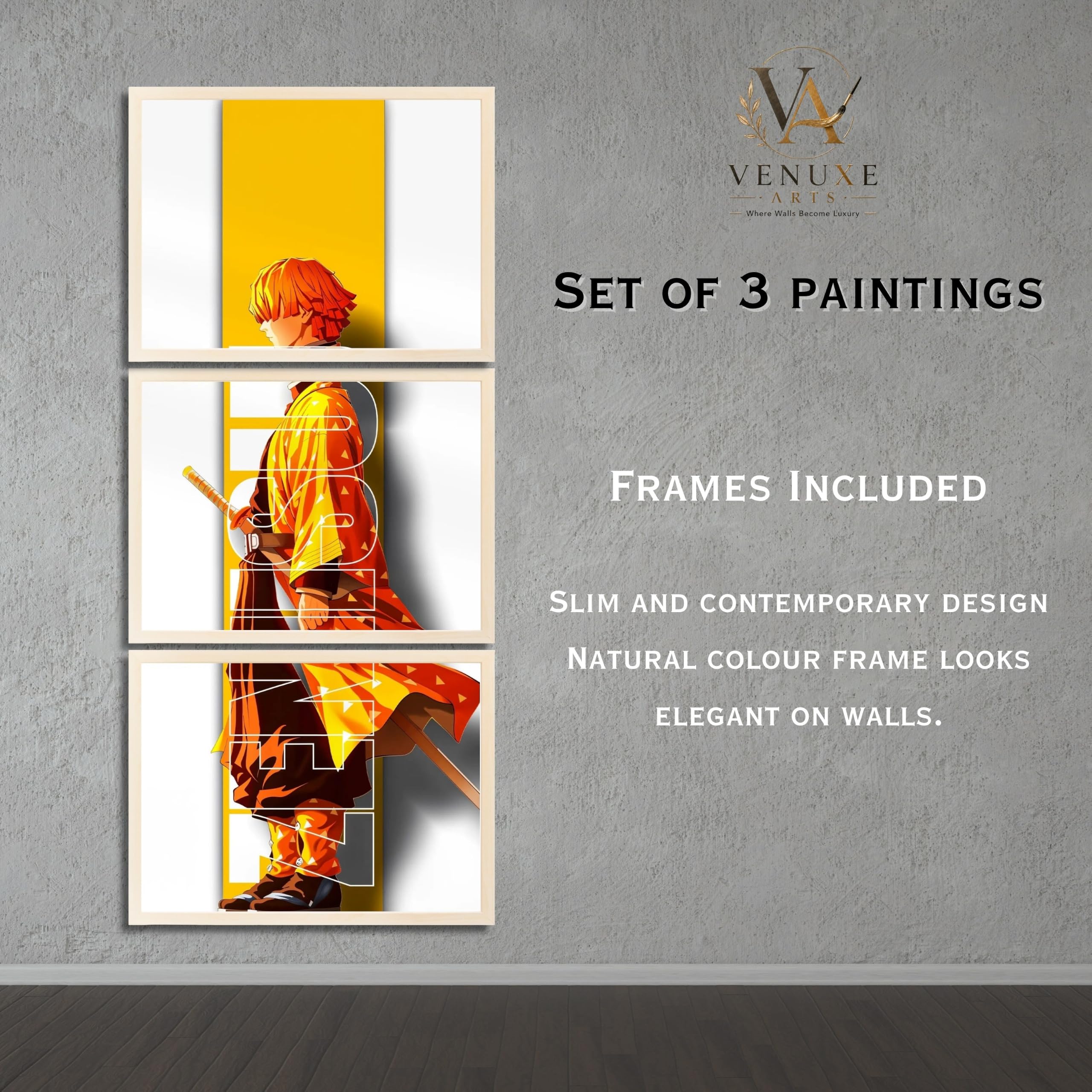 VENUXE ARTS Set Of 3 Anime Characters Wall Framed |Anime Characters Framed Poster for Living Room Bedroom Gaming Room Studio Wall Decor