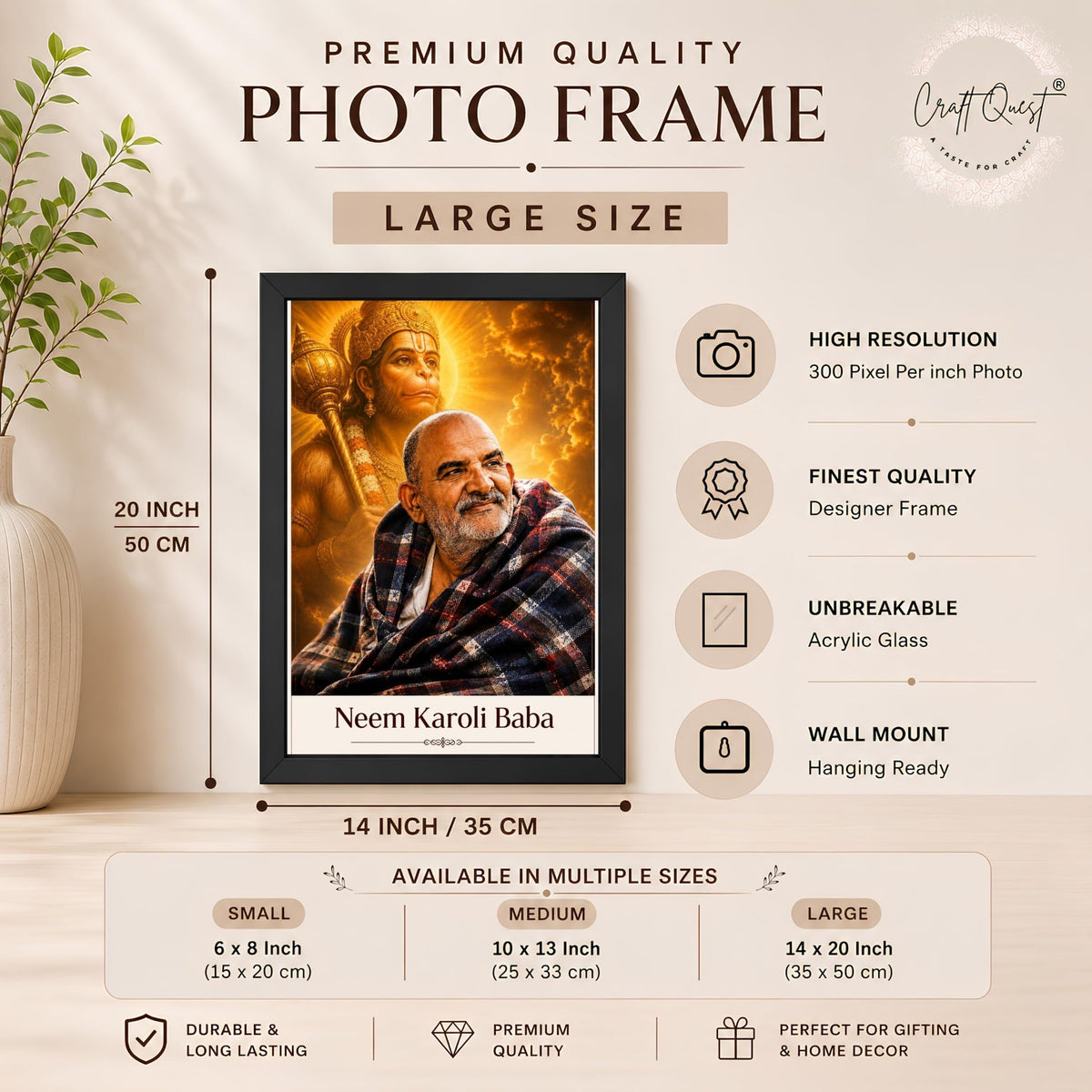CRAFT QUEST Neem Karoli Baba Maharaj Ji Smiling Portrait Photo Frame for Wall | Spiritual Guru Religious Wall Art | Devotional Photo for Home, Mandir, Puja Room & Gifting