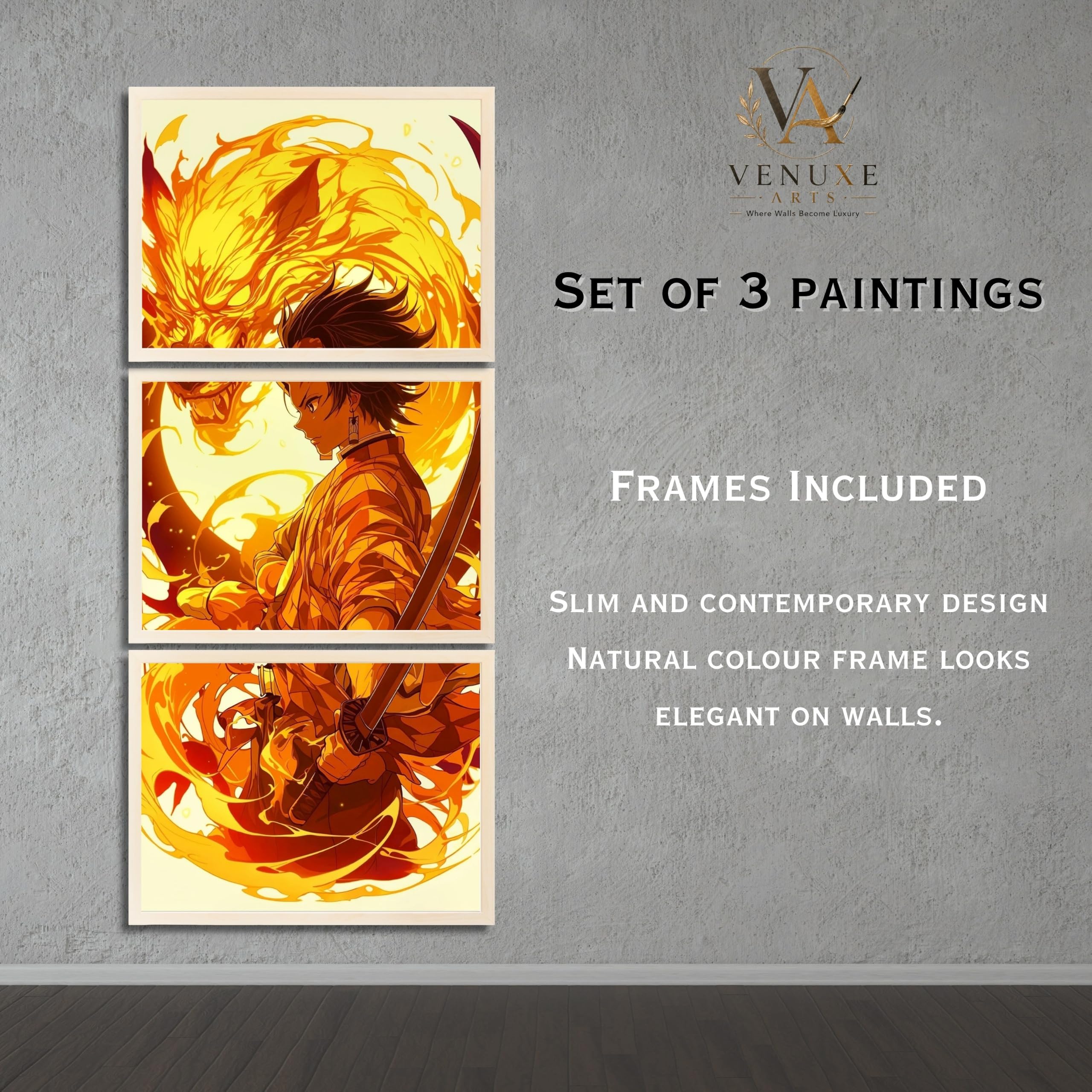VENUXE ARTS Set Of 3 Anime Characters Wall Framed |Anime Characters Framed Poster for Living Room Bedroom Gaming Room Studio Wall Decor