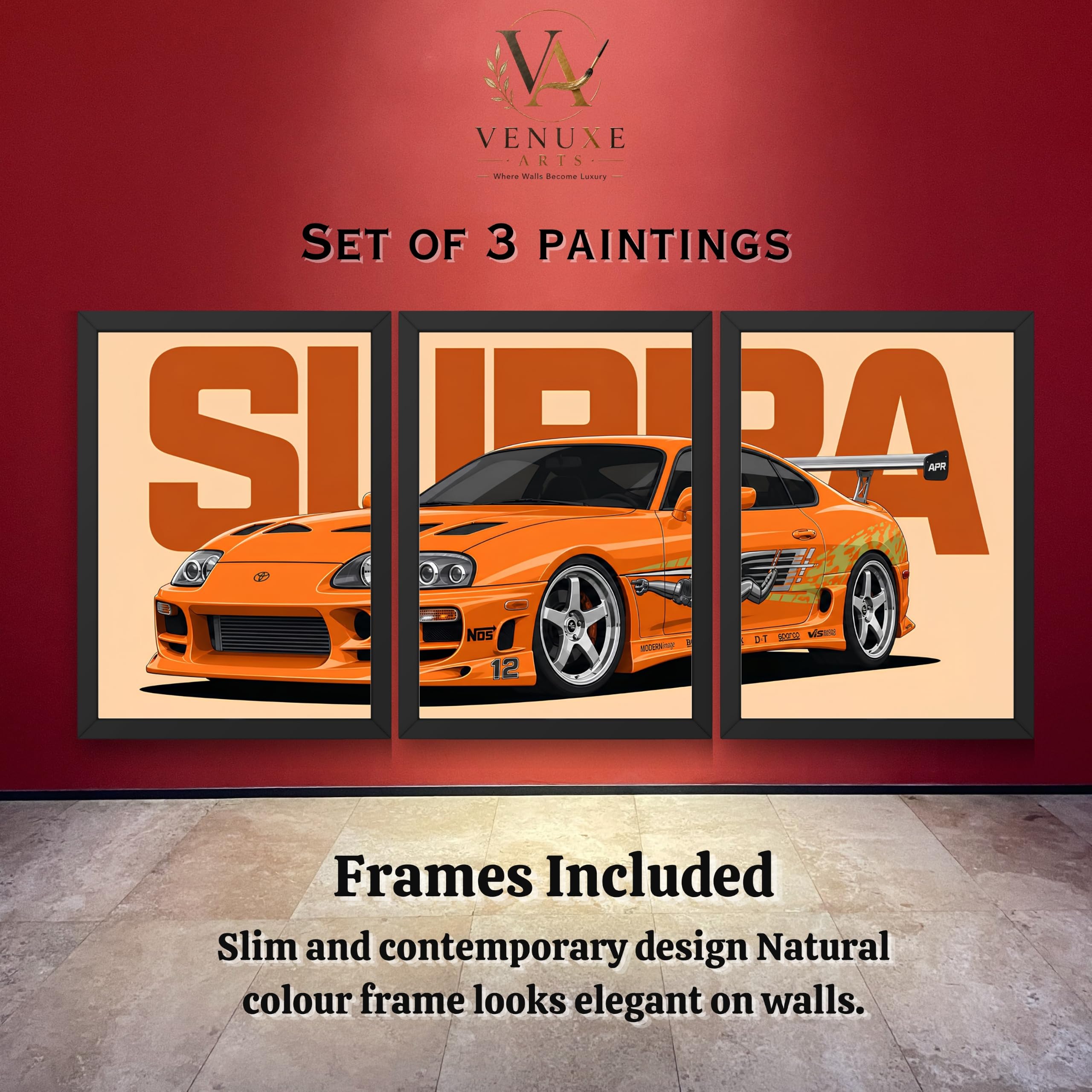VENUXE ARTS Set Of 3 Big Sports Cars Framed Posters Gift Items for Boys Room Wall Decoration Bedroom Living Room Office Studio Décor | Car Poster Frame for Wall Décor